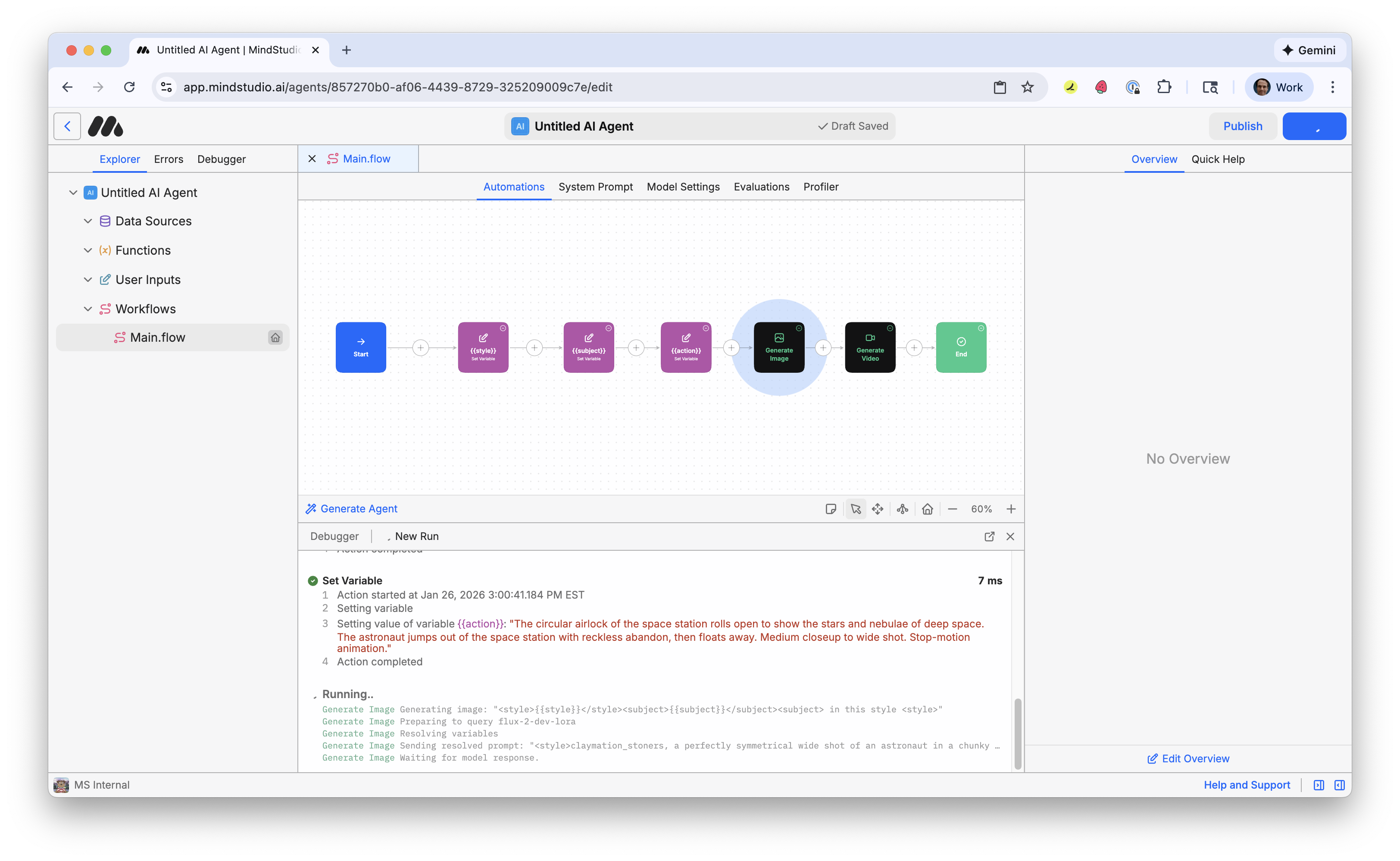 The MindStudio workflow runs in Debugger