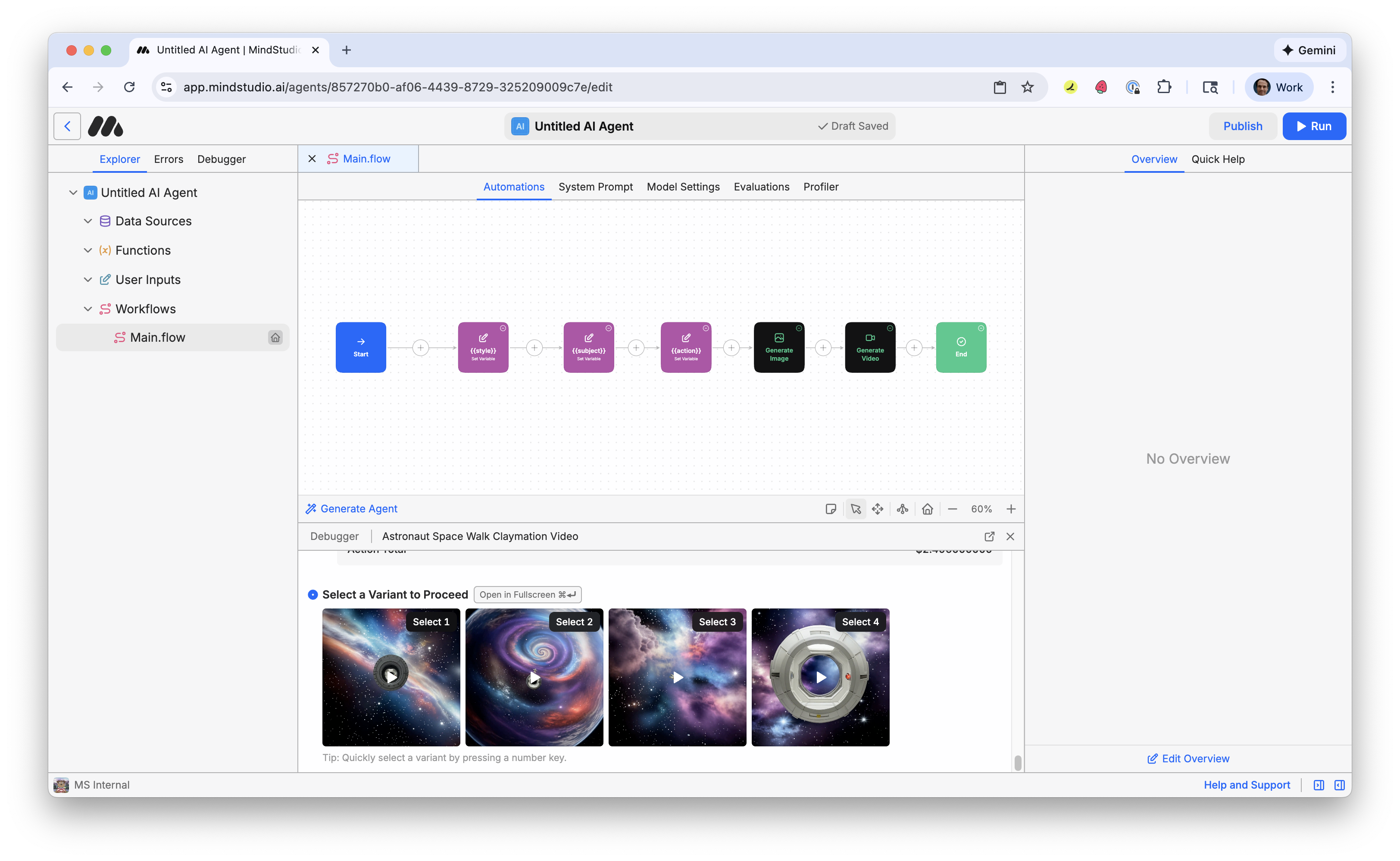 Multiple variants of the AI generated video are displayed in Debugger