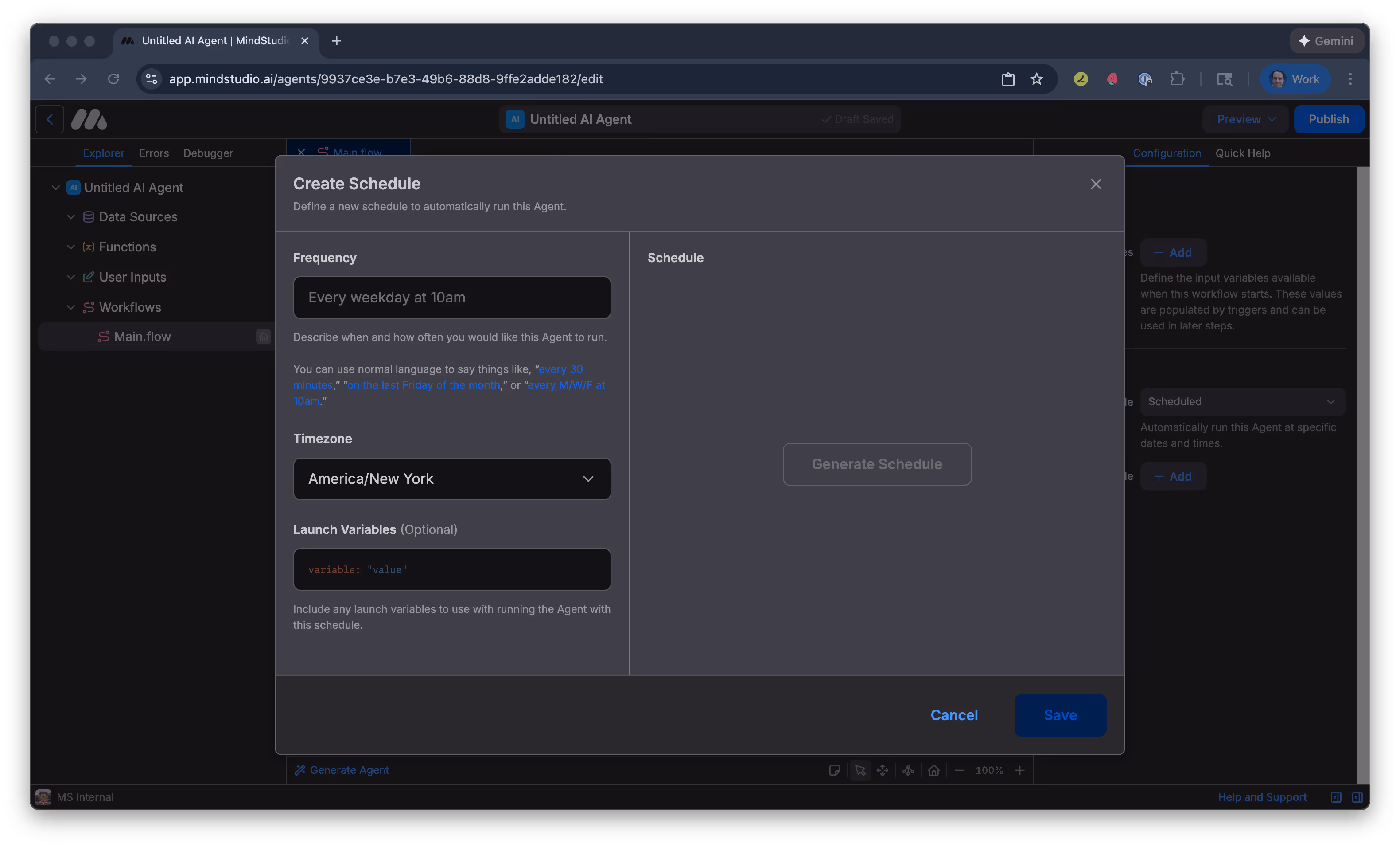 Create Schedule screen to set a schedule in MindStudio
