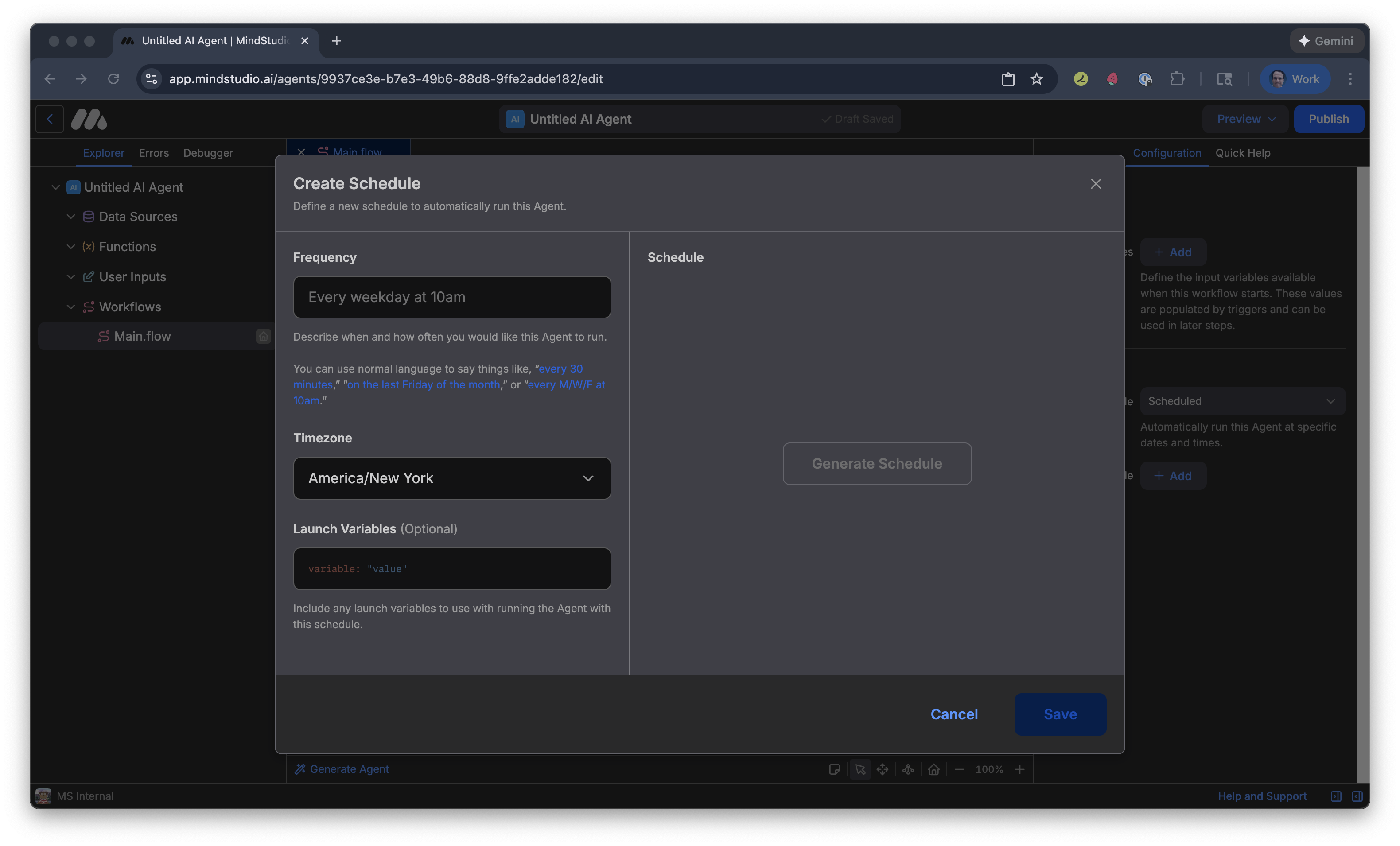 Create Schedule screen to set a schedule in MindStudio