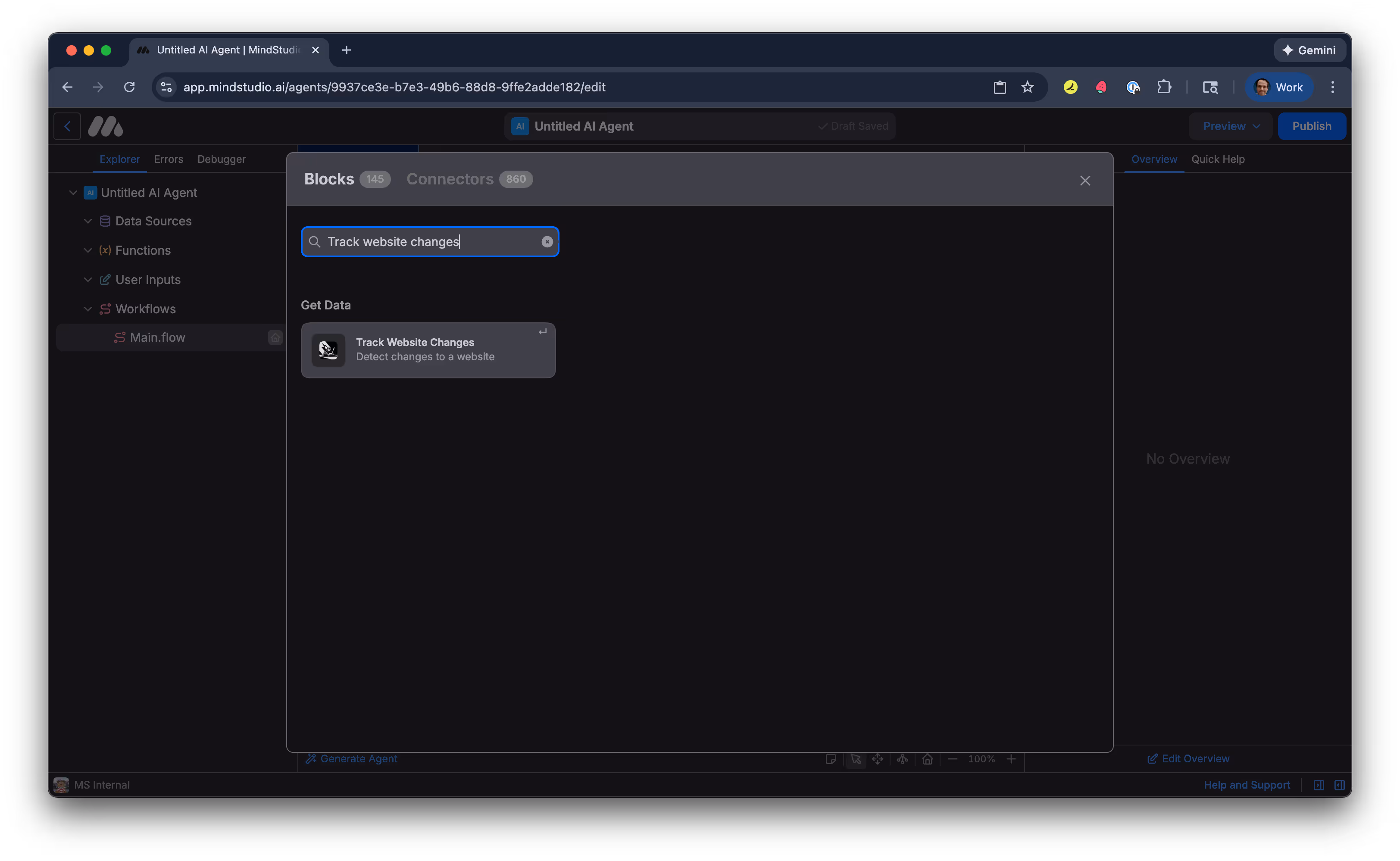 Select the Track Website Changes block in MindStudio