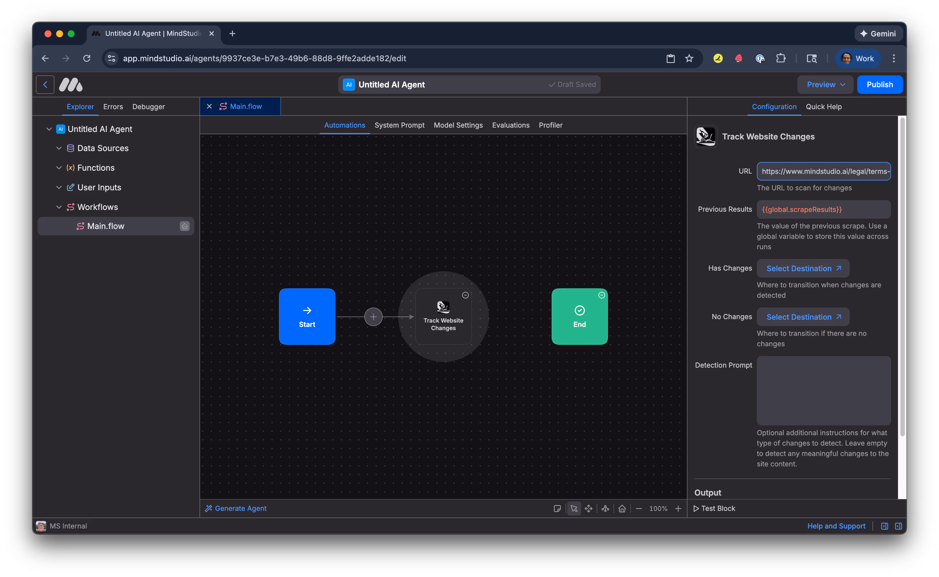 Add a webpage in the URL setting in which to track for changes