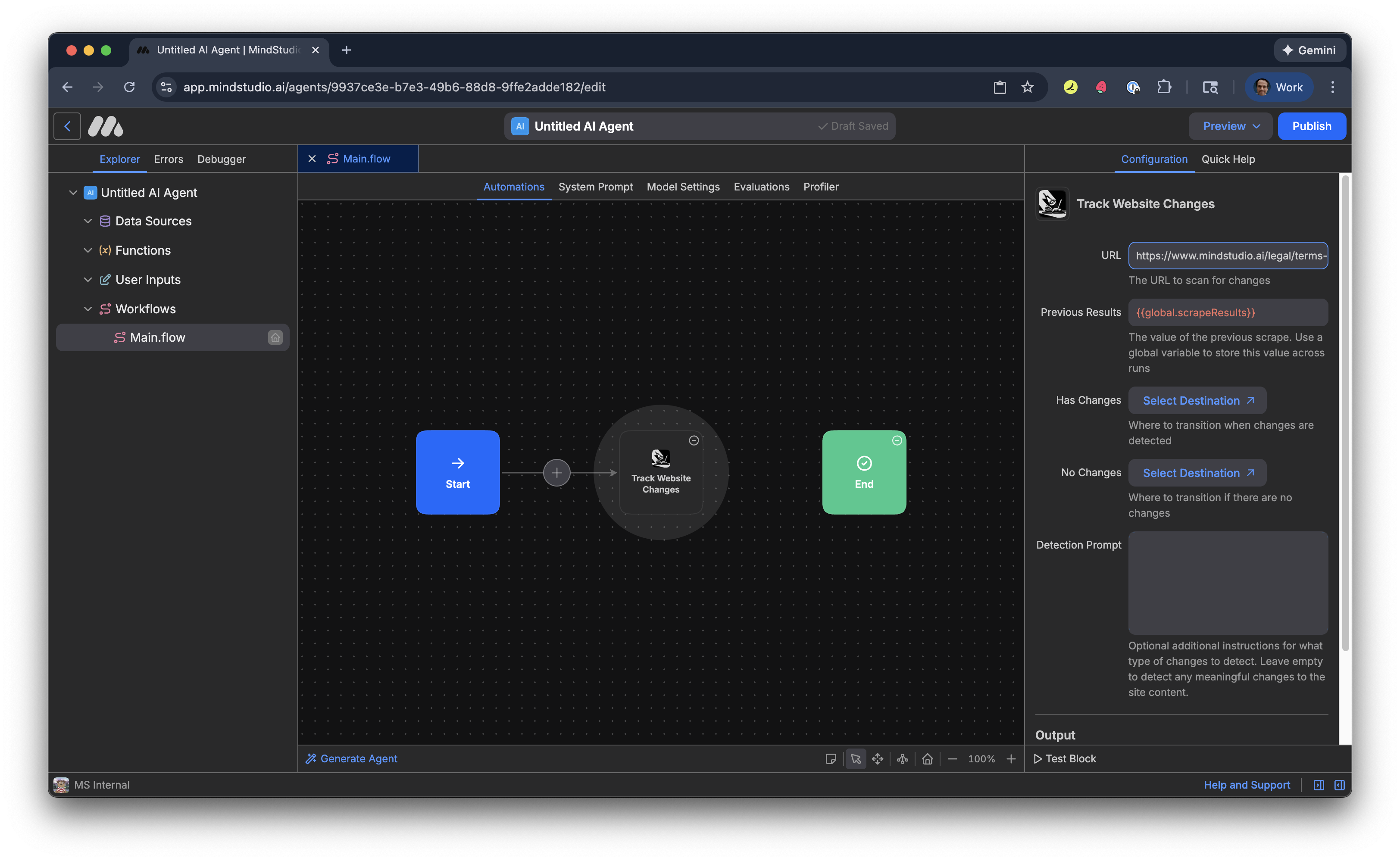 Add a webpage in the URL setting in which to track for changes