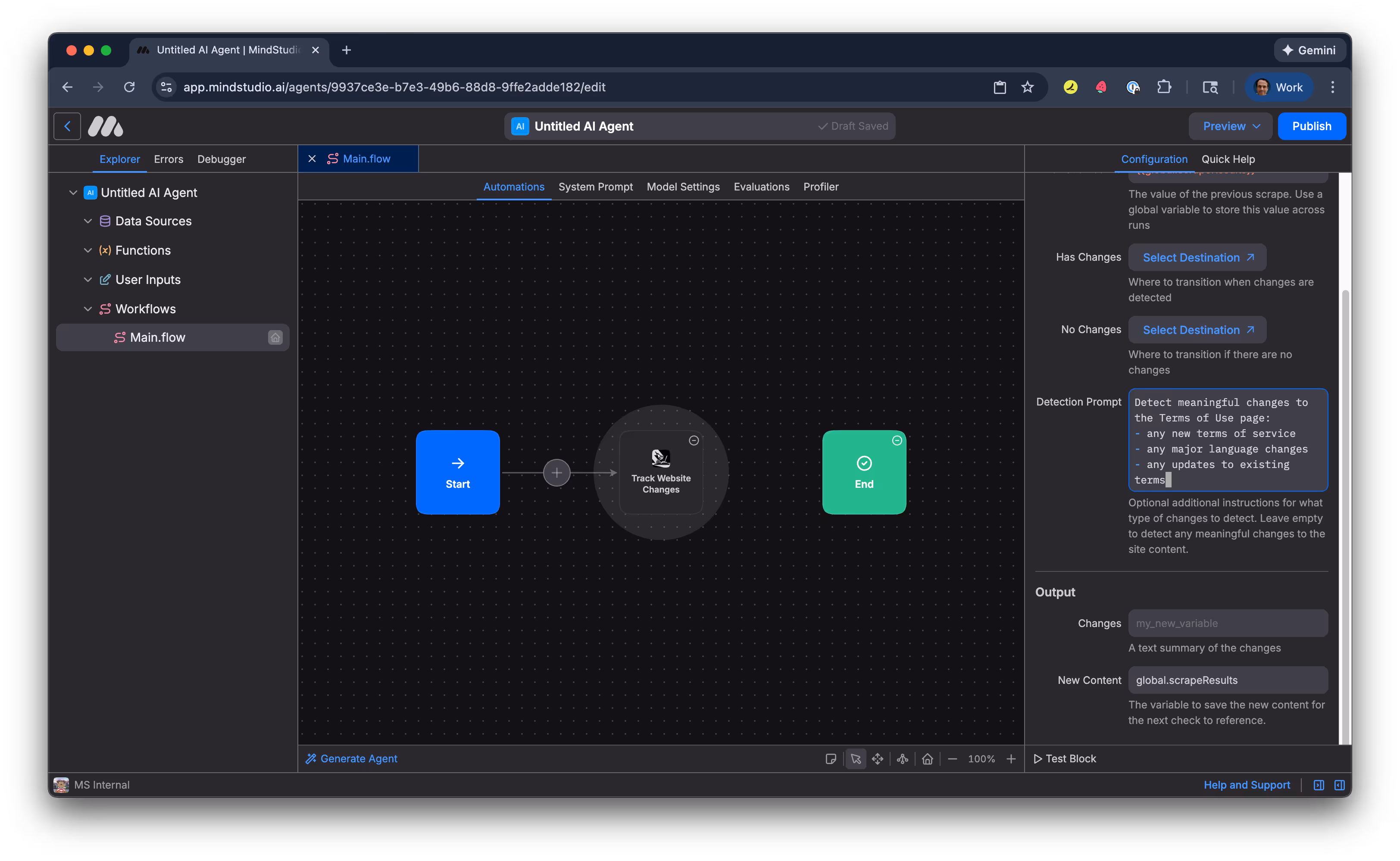 Specify in the Detection Prompt setting what changes to monitor for on the webpage