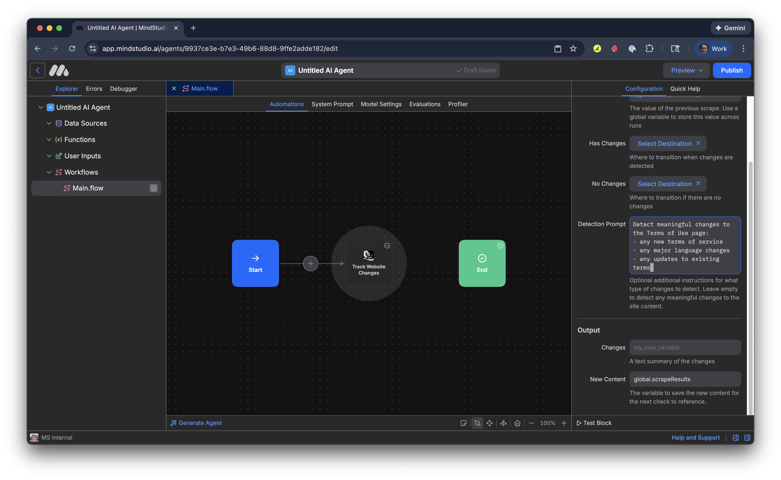 Specify in the Detection Prompt setting what changes to monitor for on the webpage