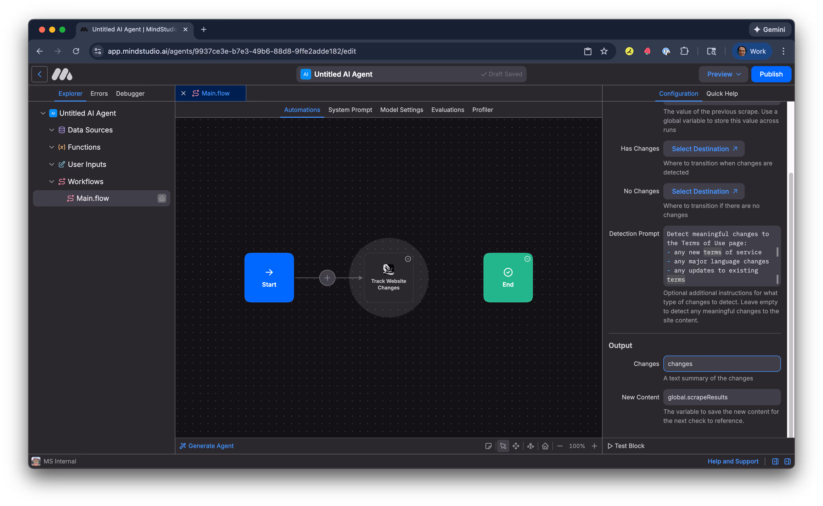 Specify the output variable to save the webpage content when there are changes