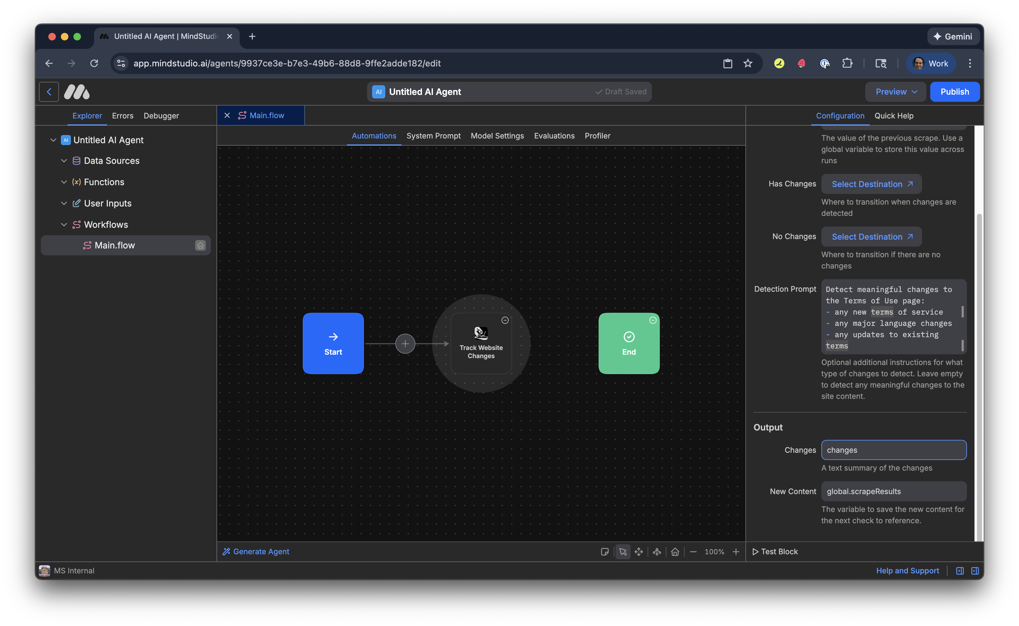 Specify the output variable to save the webpage content when there are changes