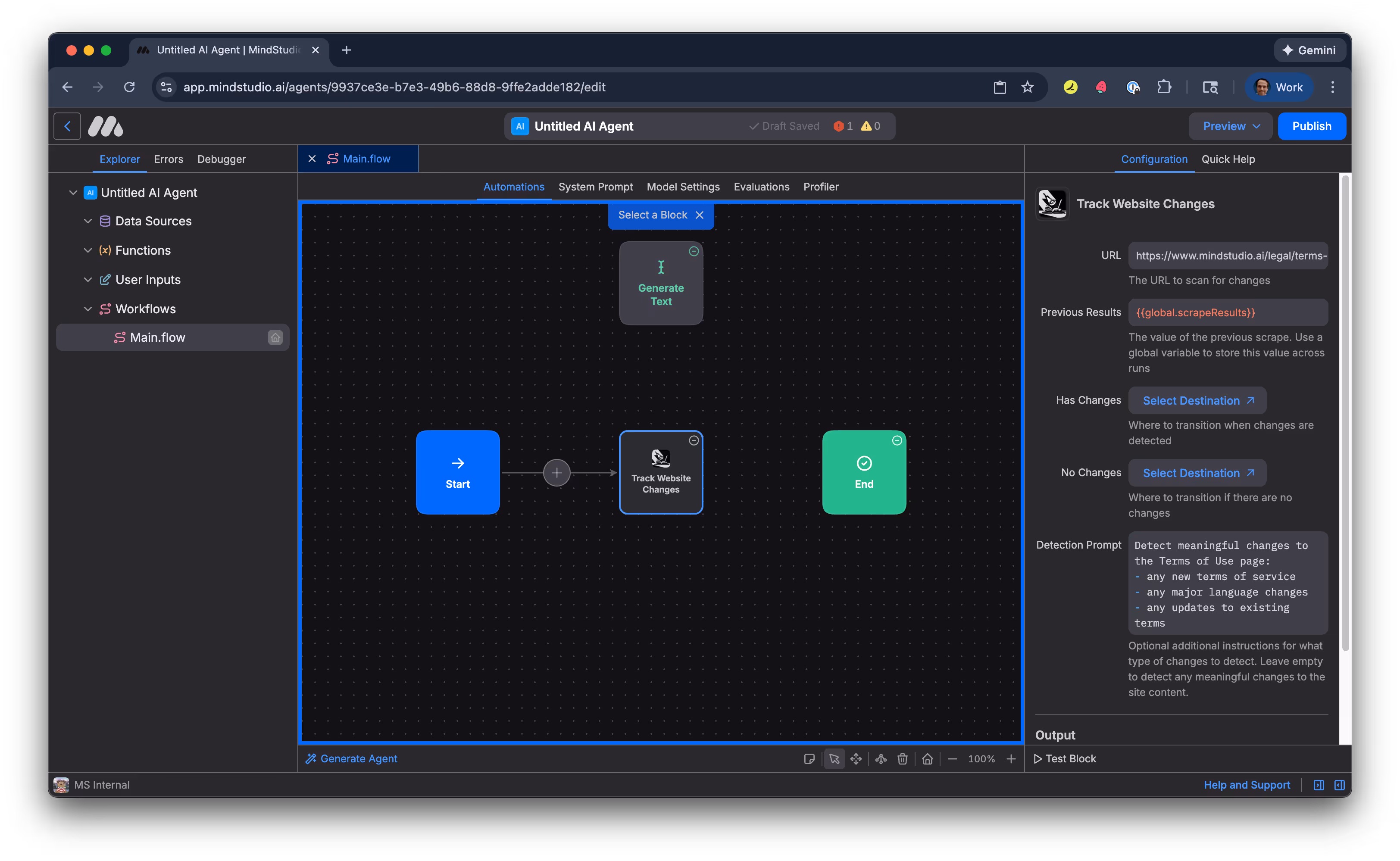 Click the Select Destination button for the Has Changes seetting