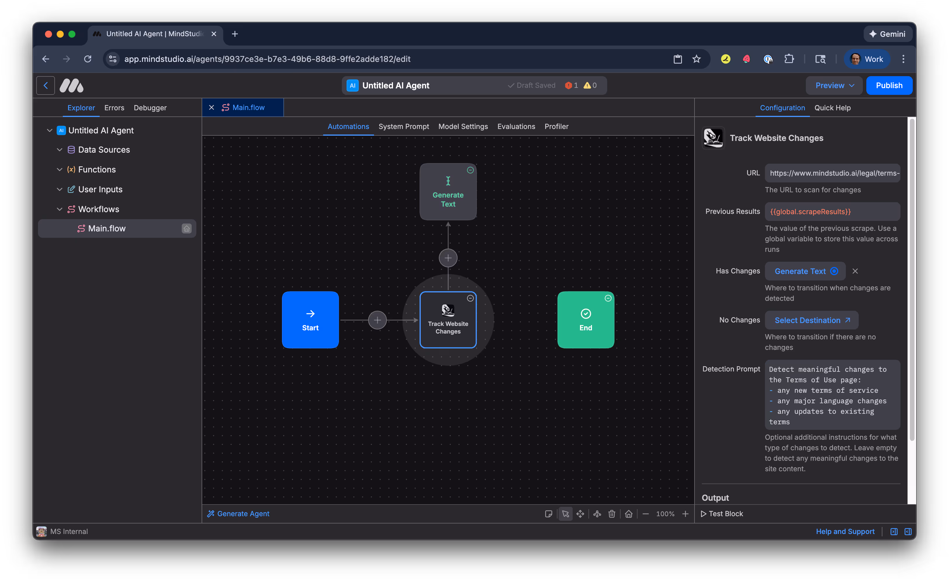 Select the Generate Text block to transition to if there are webpage changess