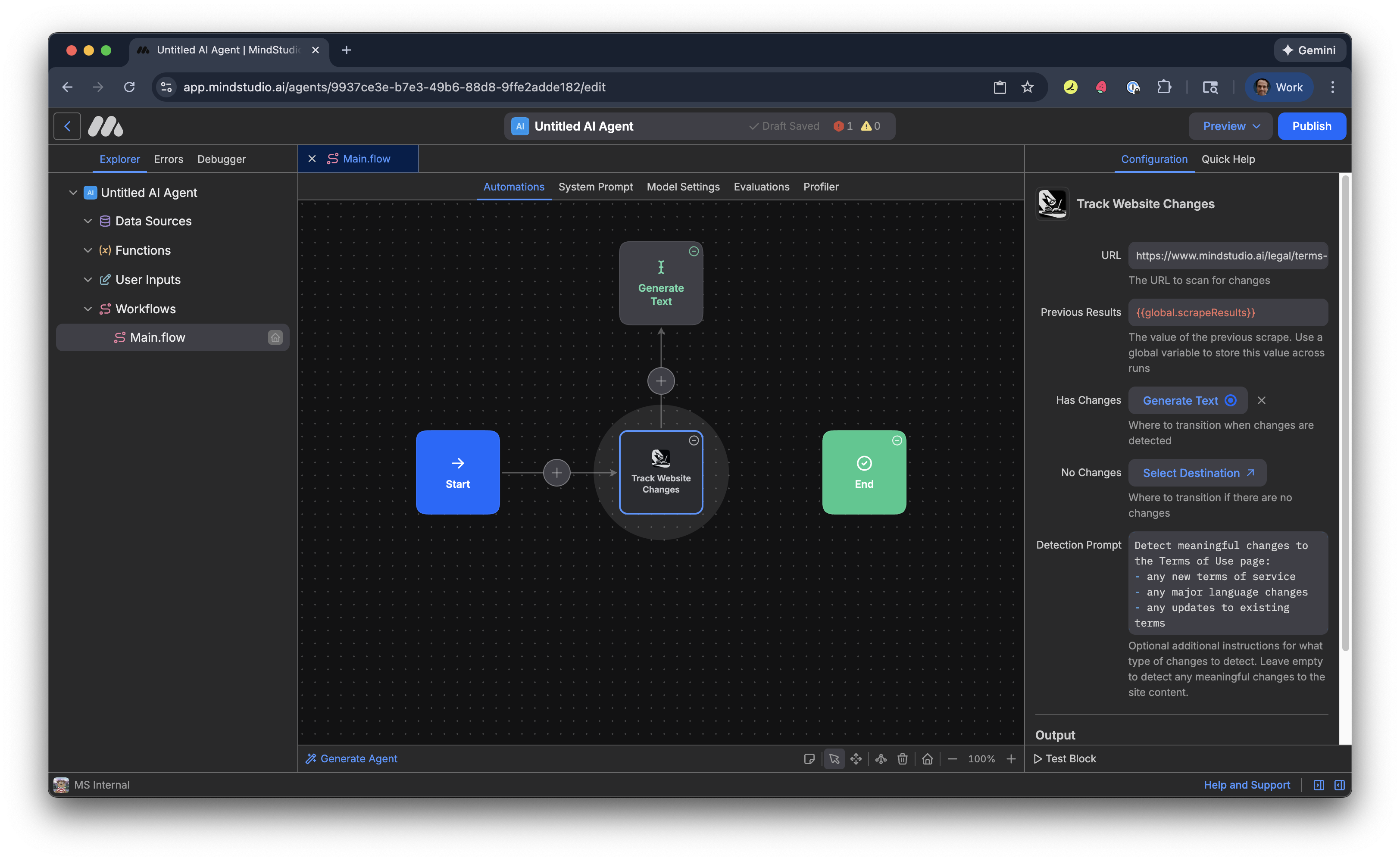 Select the Generate Text block to transition to if there are webpage changess