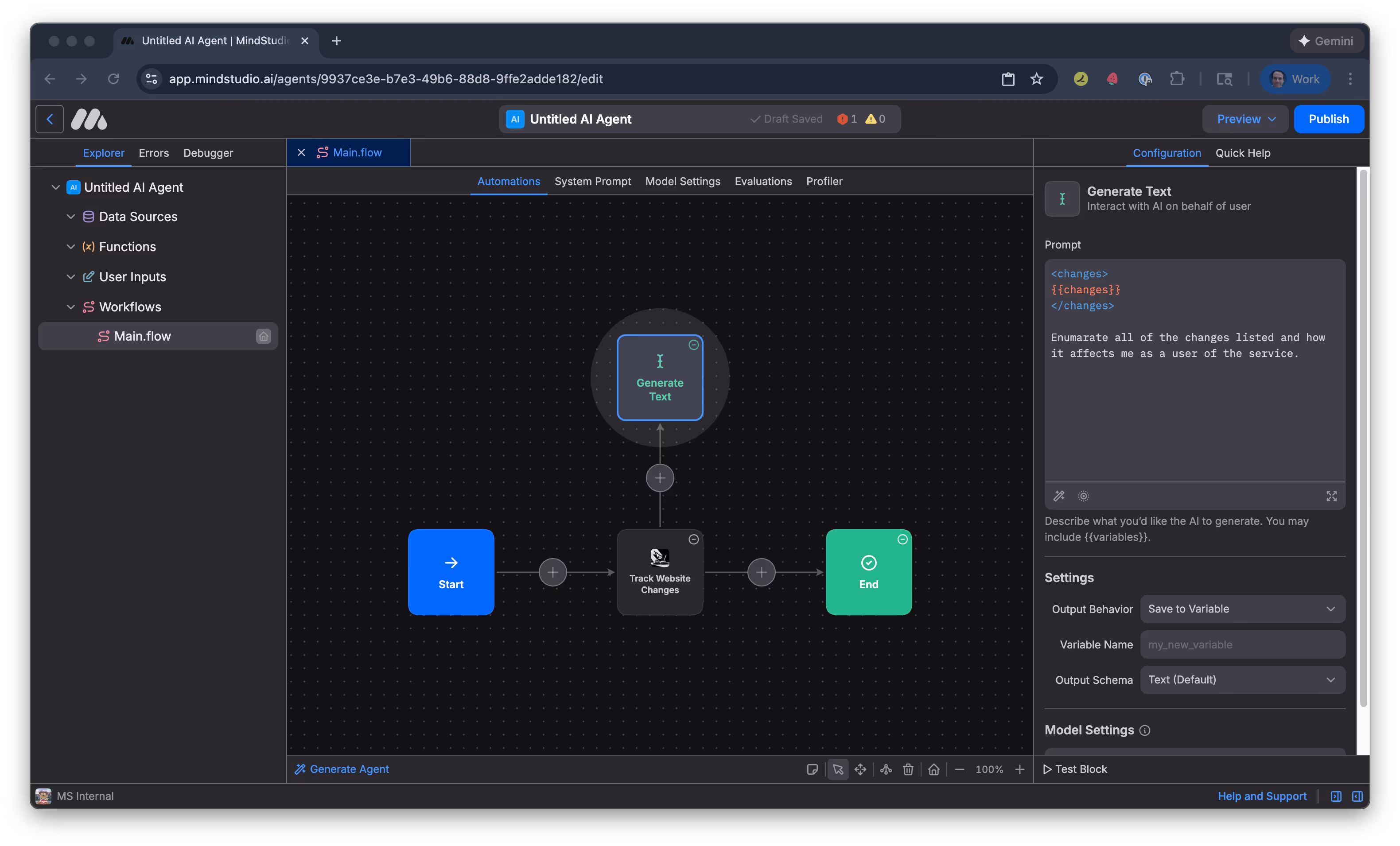 Specify an output variable for the webpage summary changes