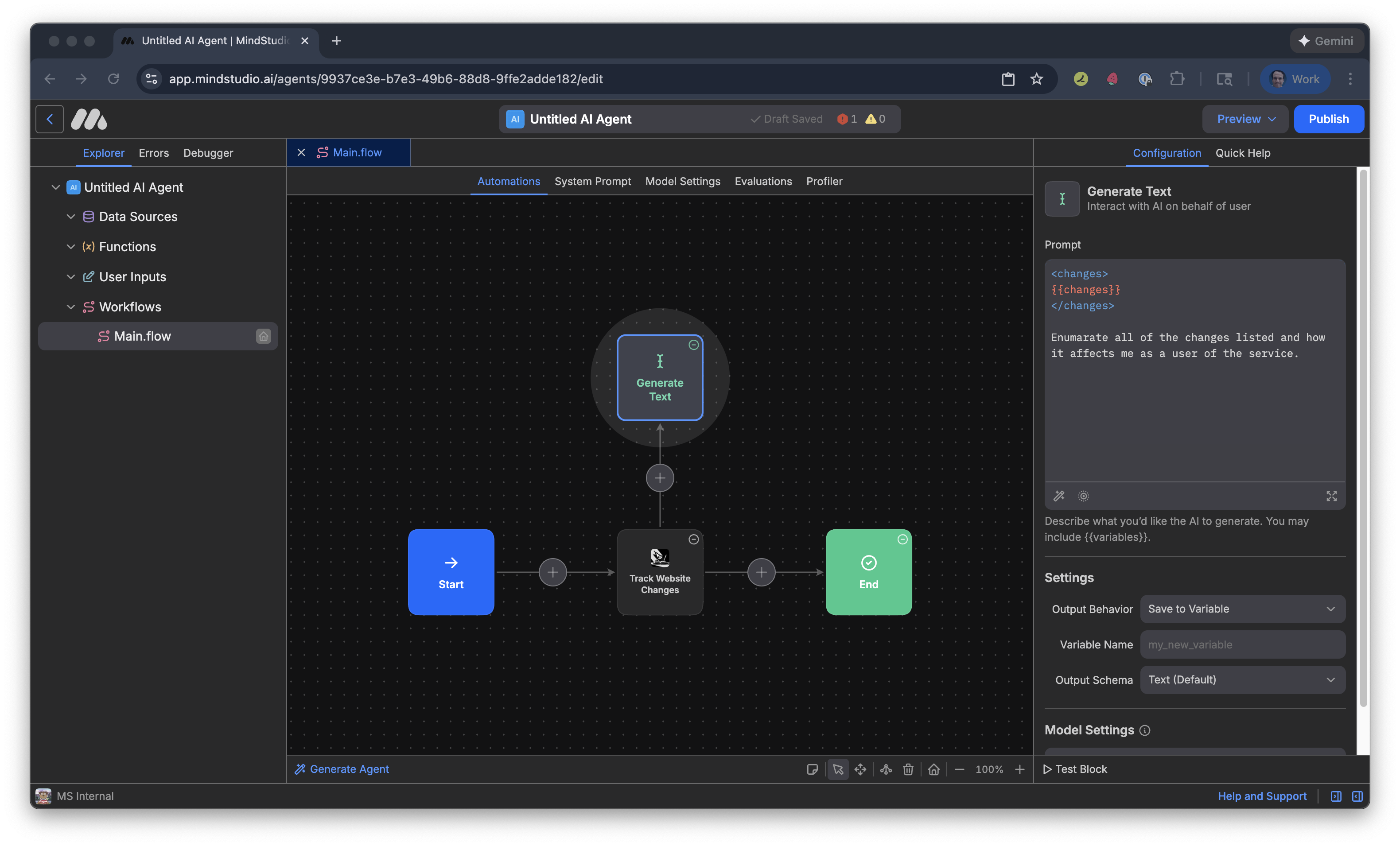 Specify an output variable for the webpage summary changes