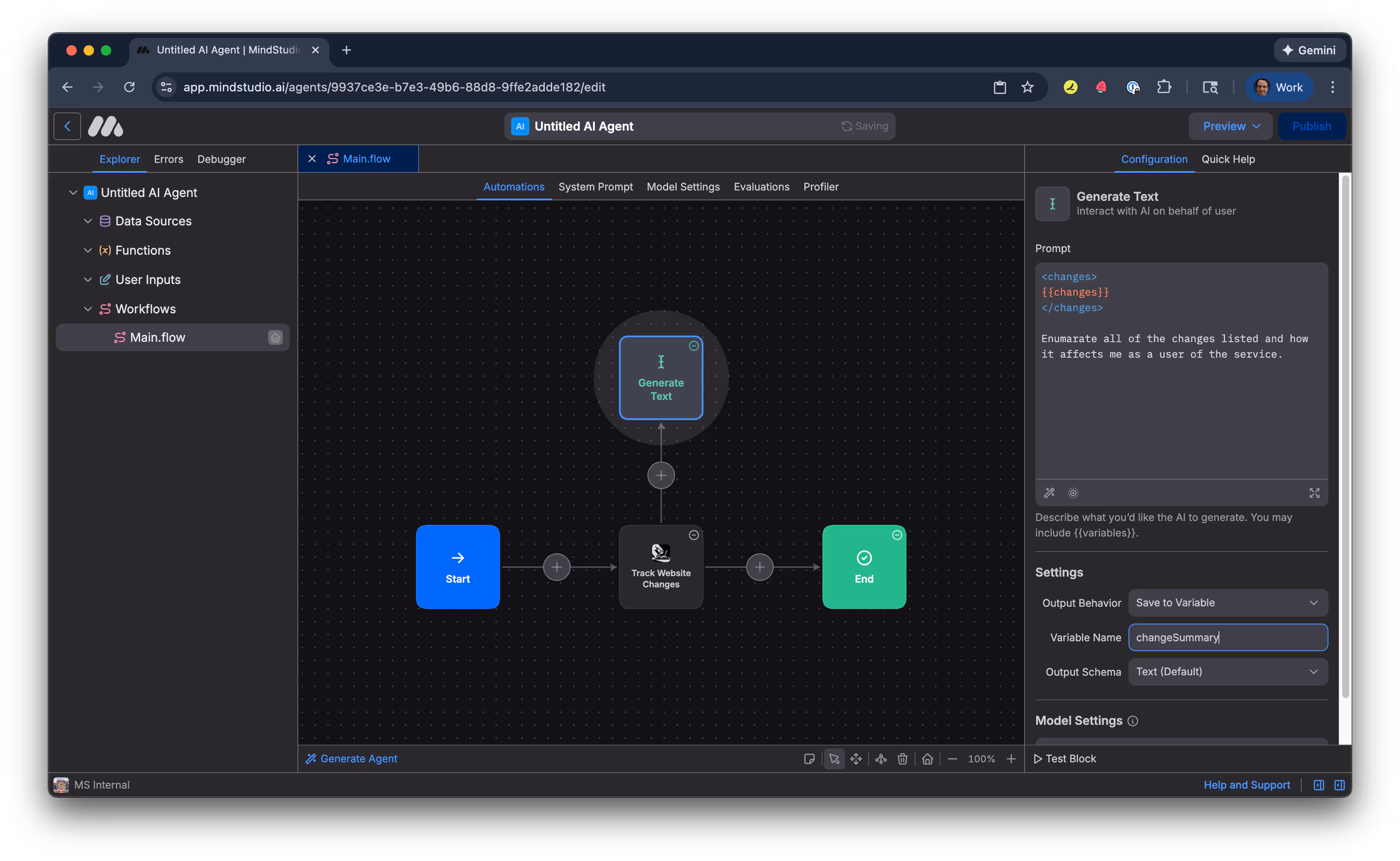 Specify the output Variable Name setting to changeSummary to store the summary of webpage changes