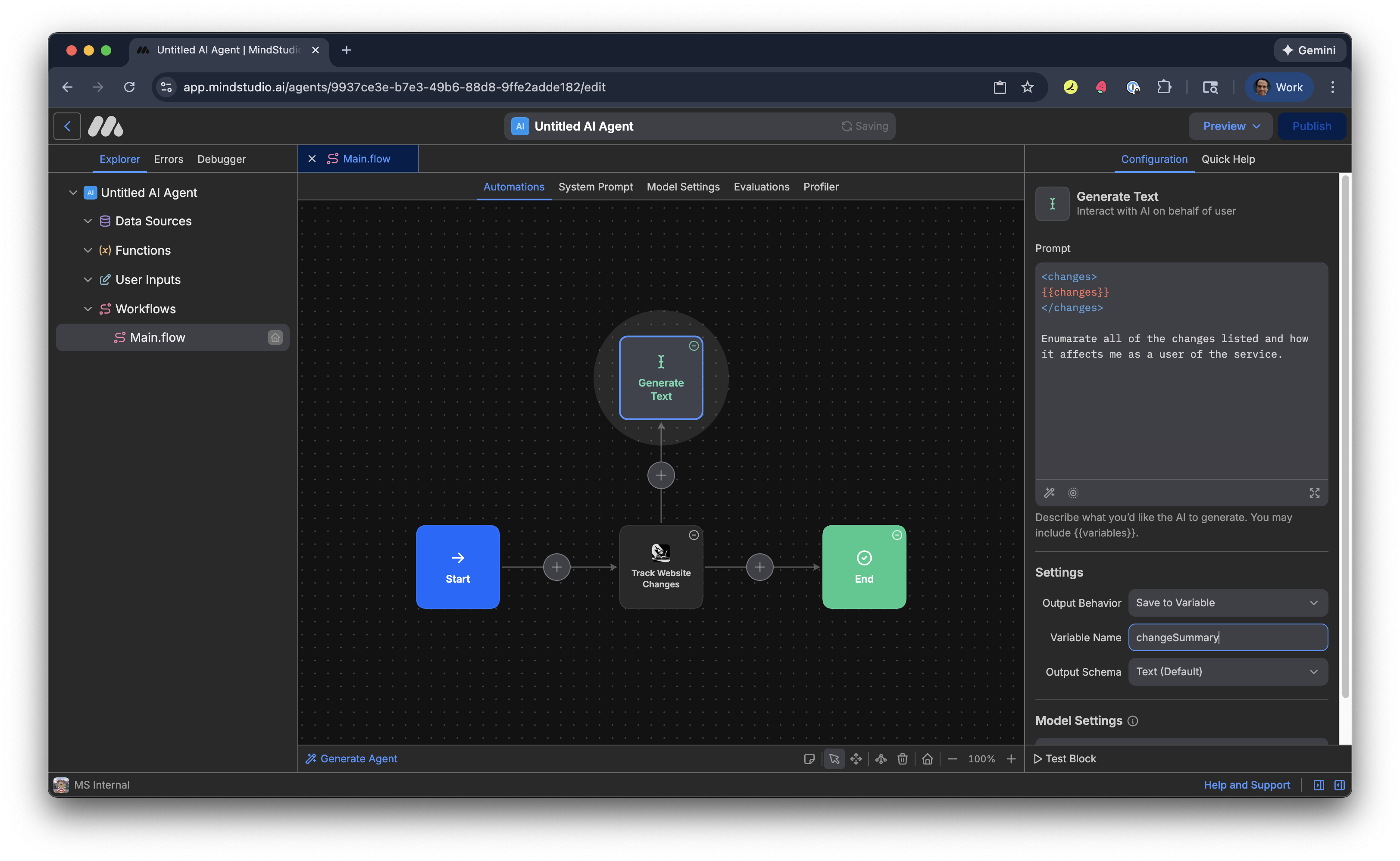 Specify the output Variable Name setting to changeSummary to store the summary of webpage changes