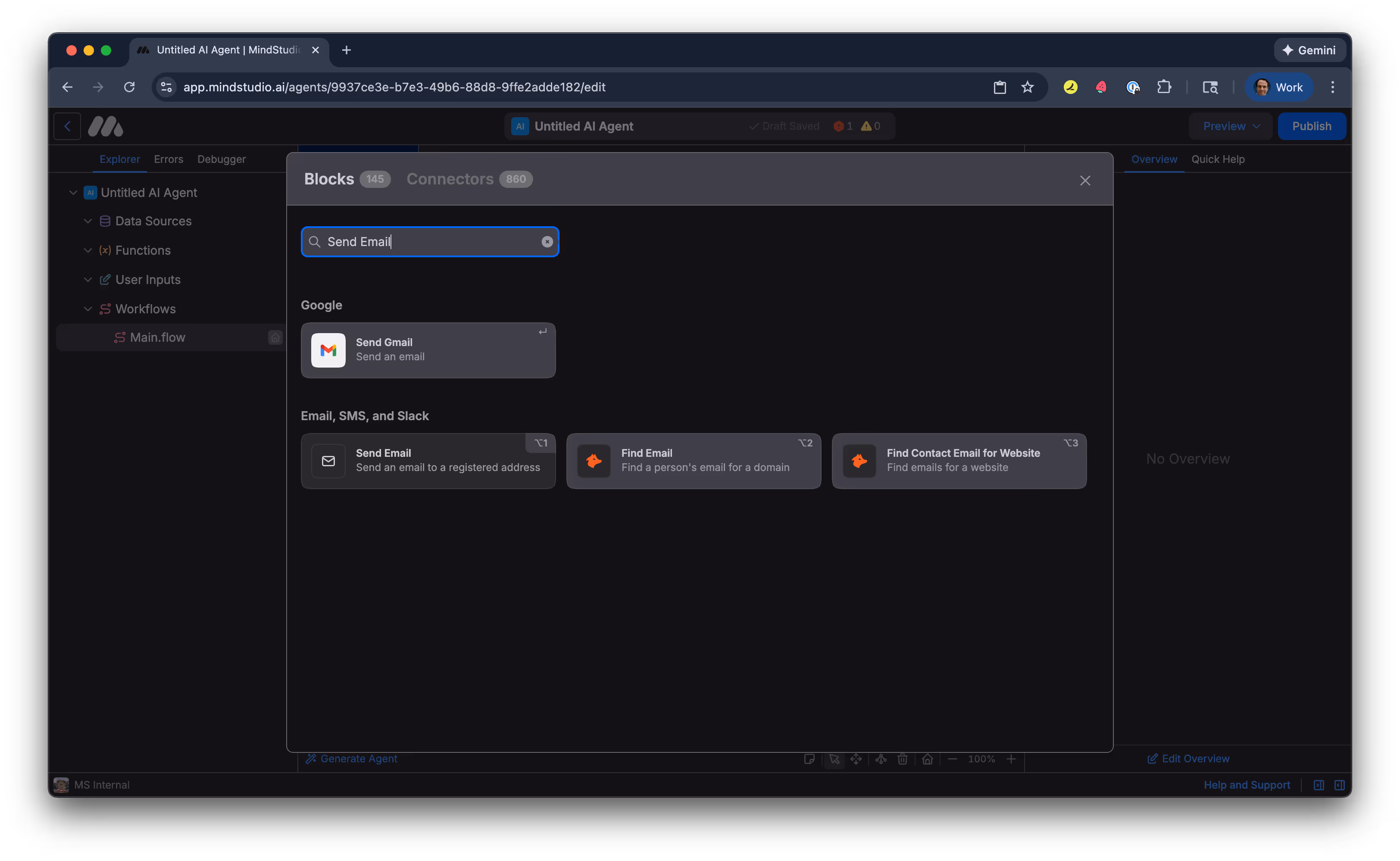 Search for the Send Email block in MindStudio