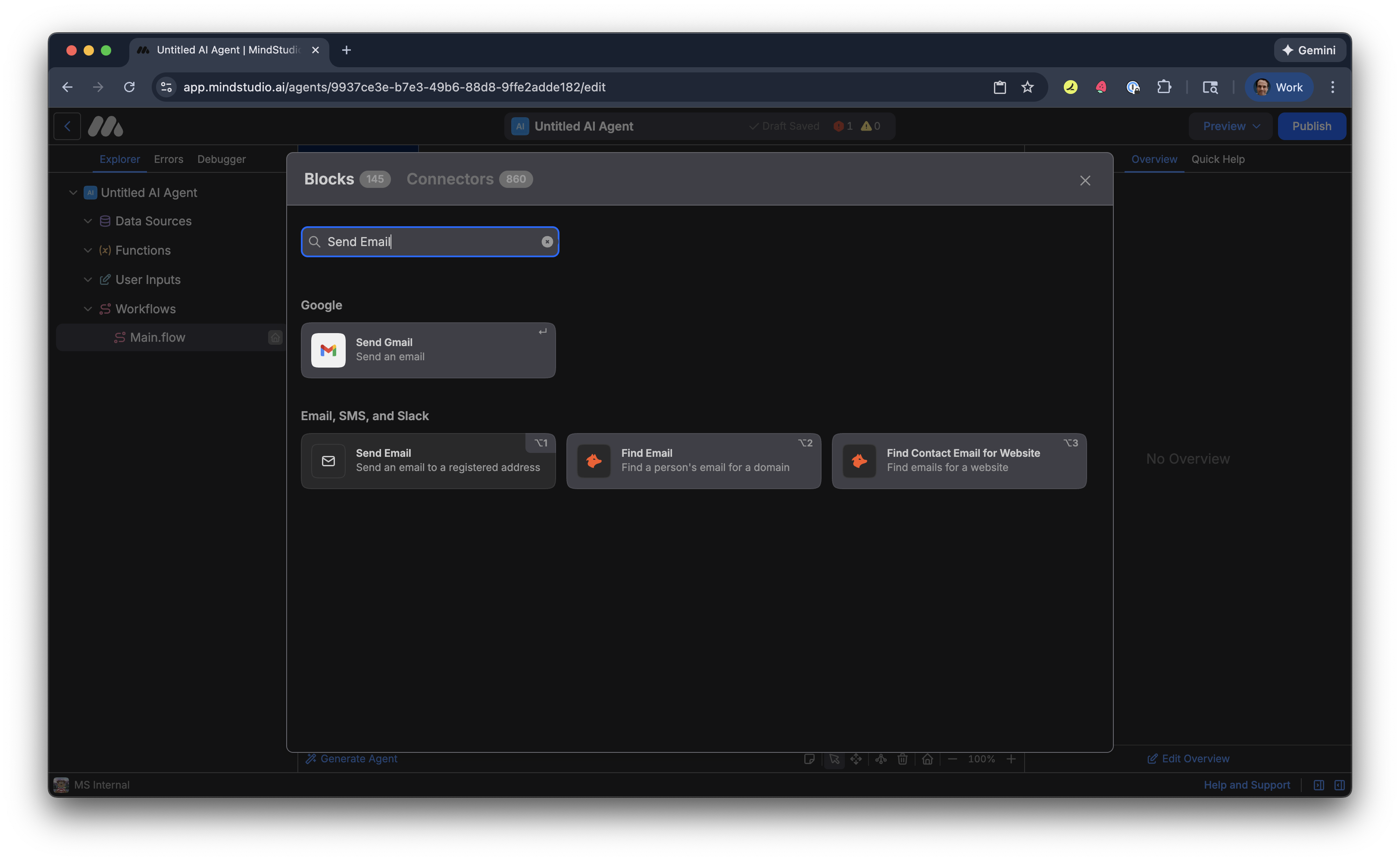 Search for the Send Email block in MindStudio