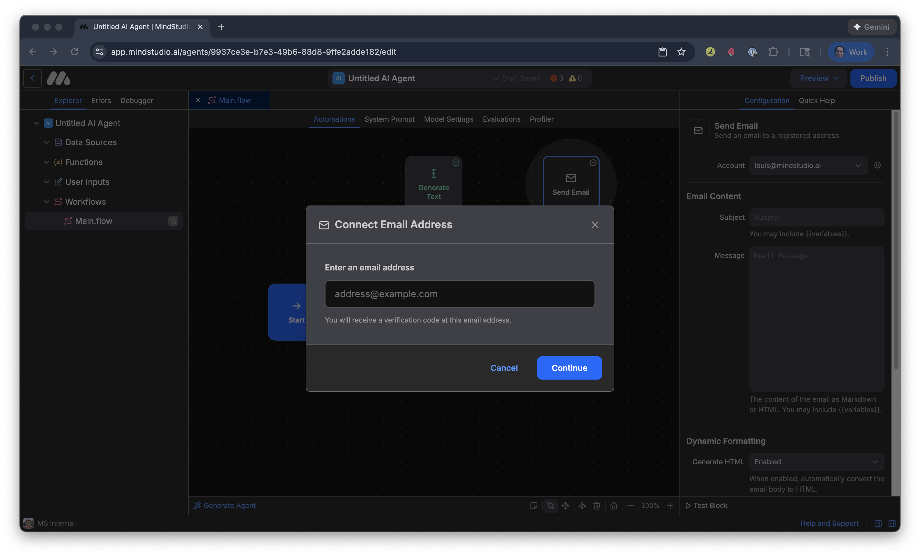 Connect your email account to the Send Email block in MindStudio