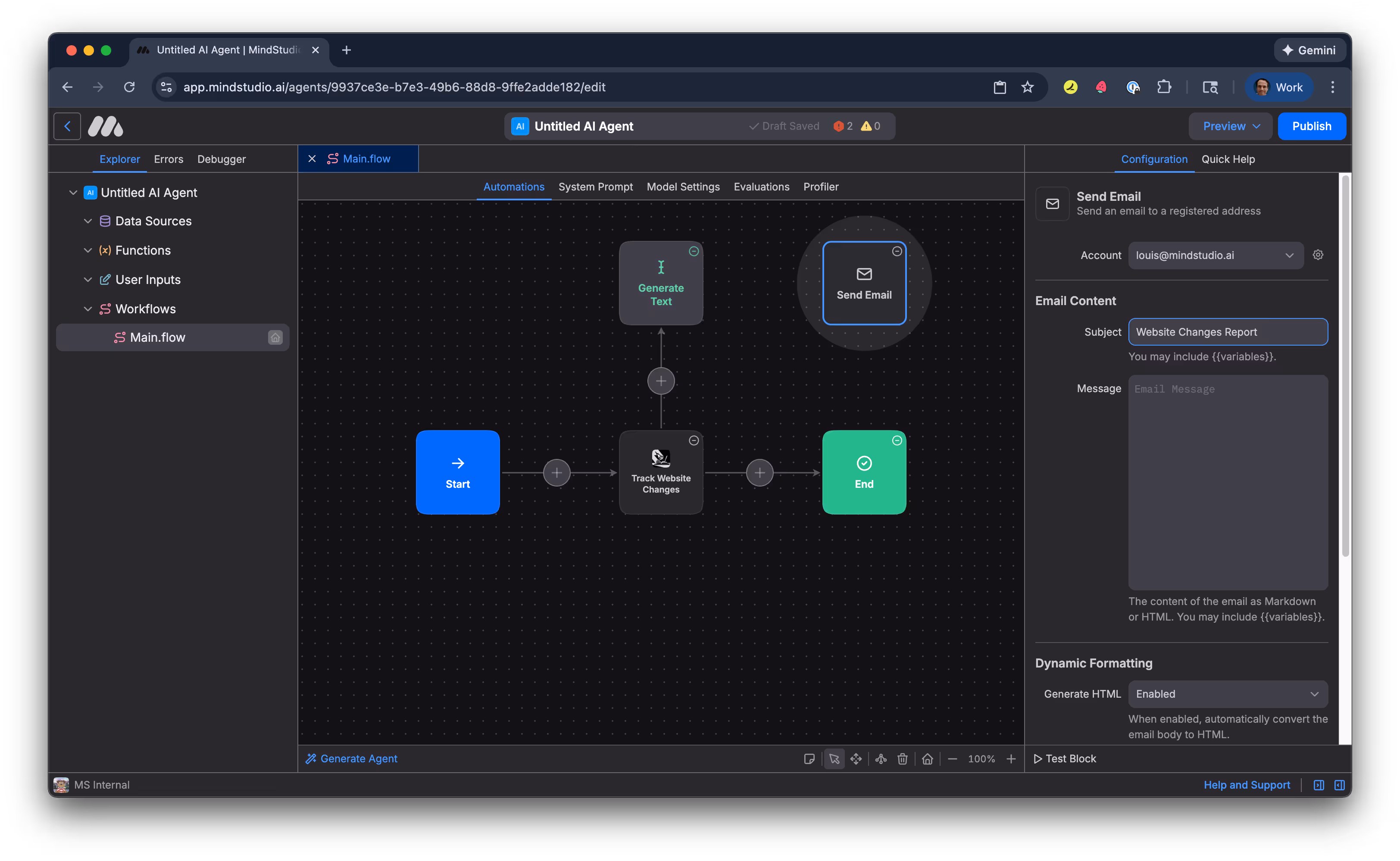 Add a subject in the Subject setting in the Send Email block for when webpage changes occur