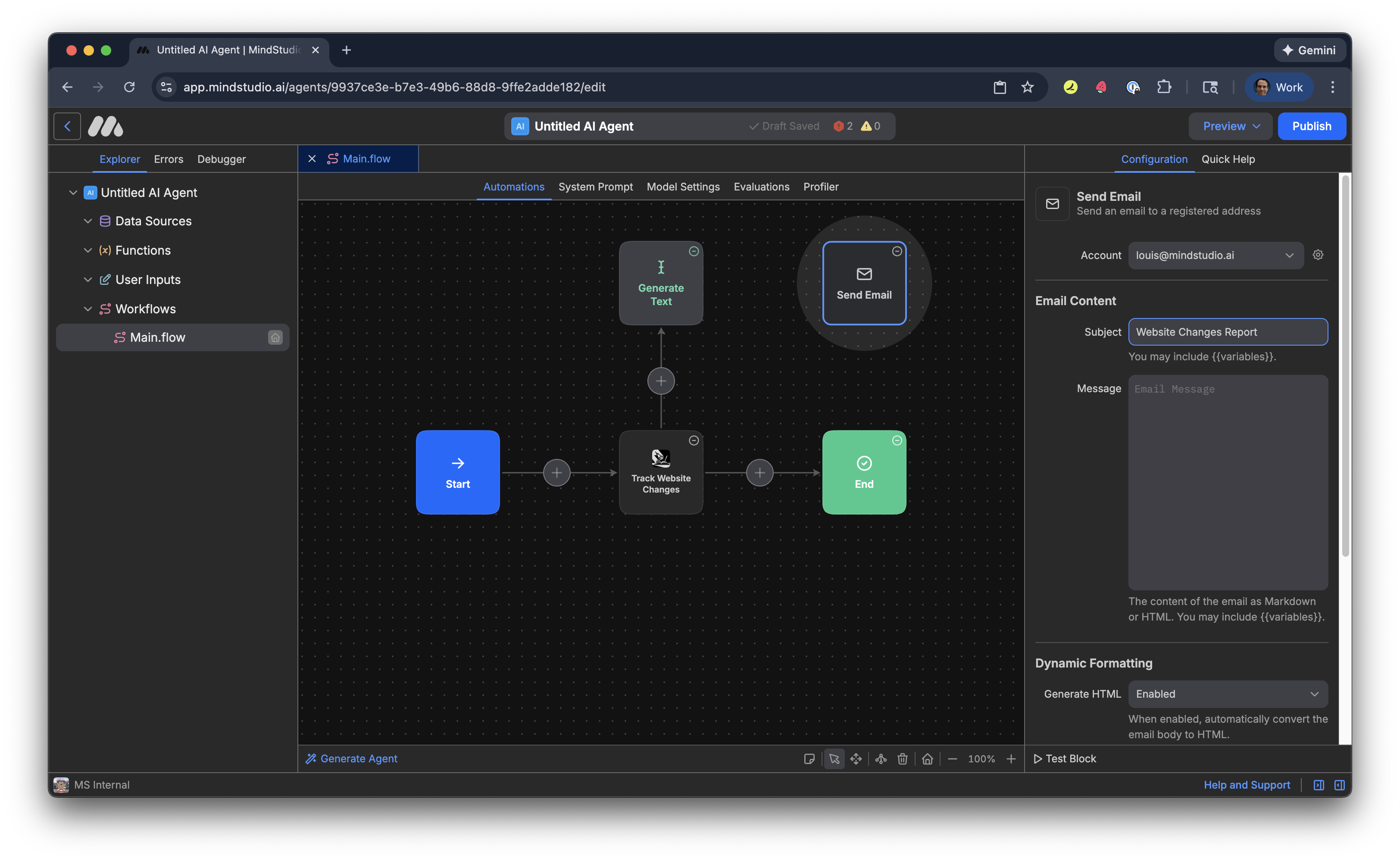 Add a subject in the Subject setting in the Send Email block for when webpage changes occur