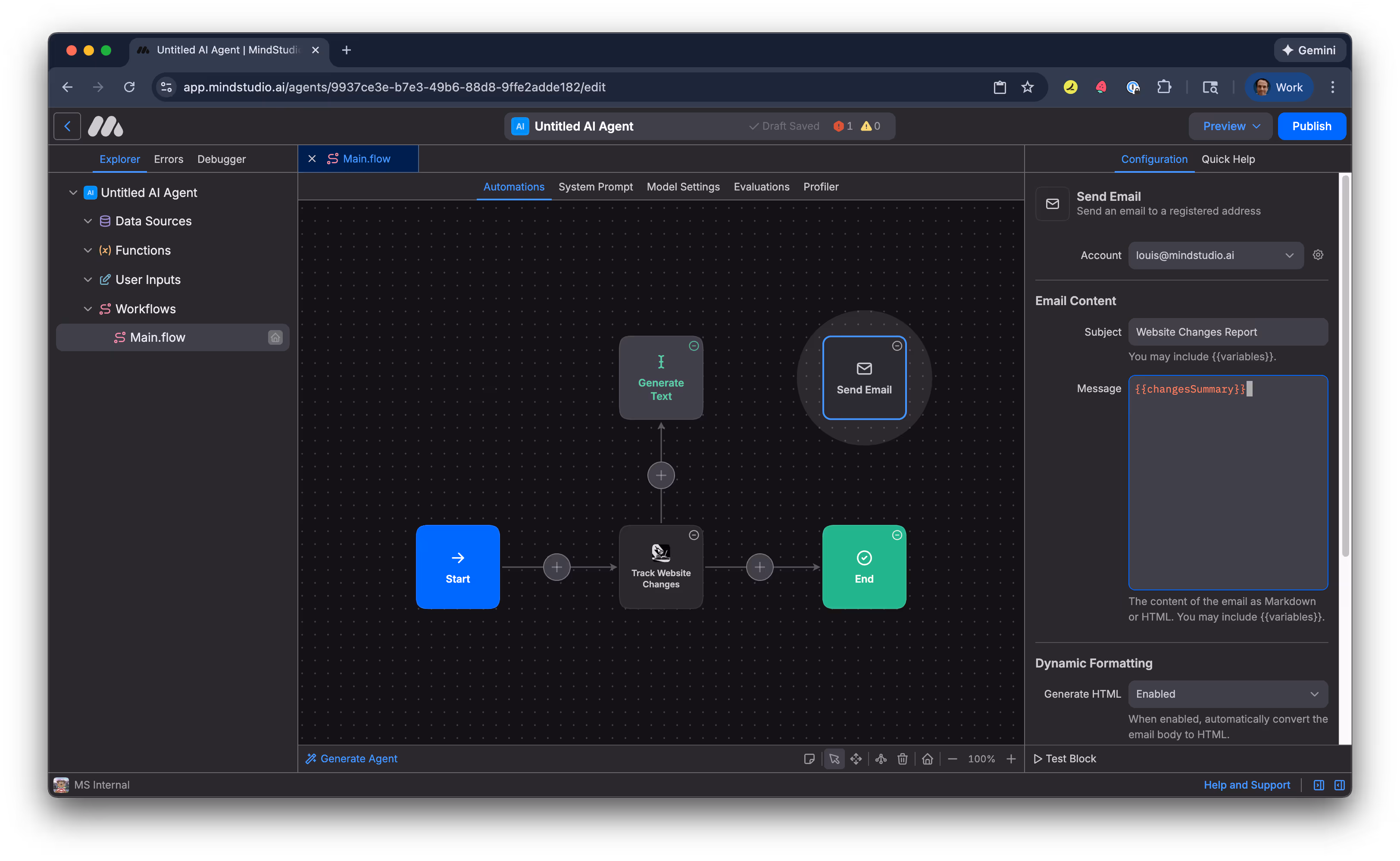 Add {{changeSummary}} to the Message setting in the Send Email block