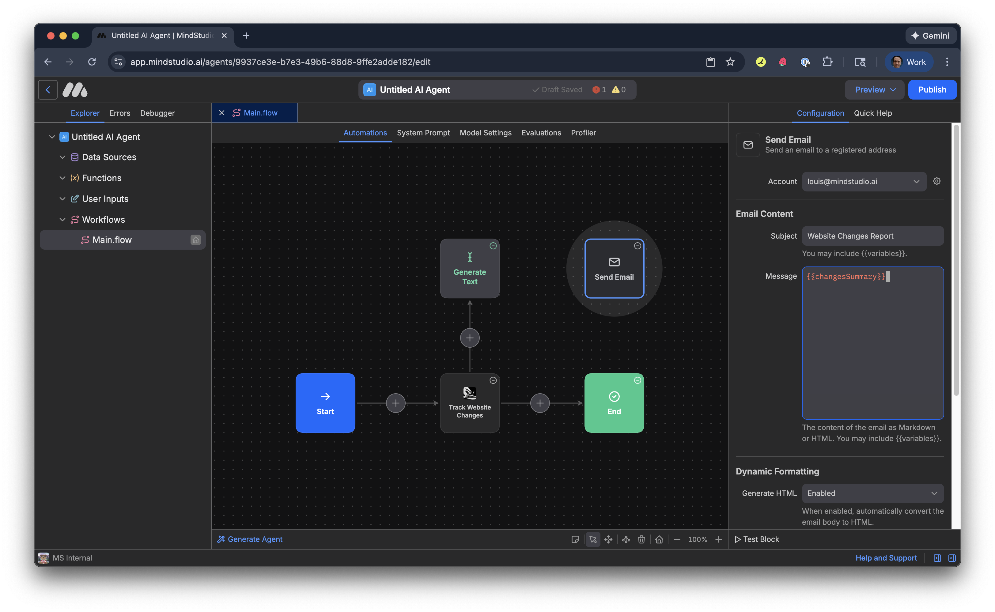 Add {{changeSummary}} to the Message setting in the Send Email block