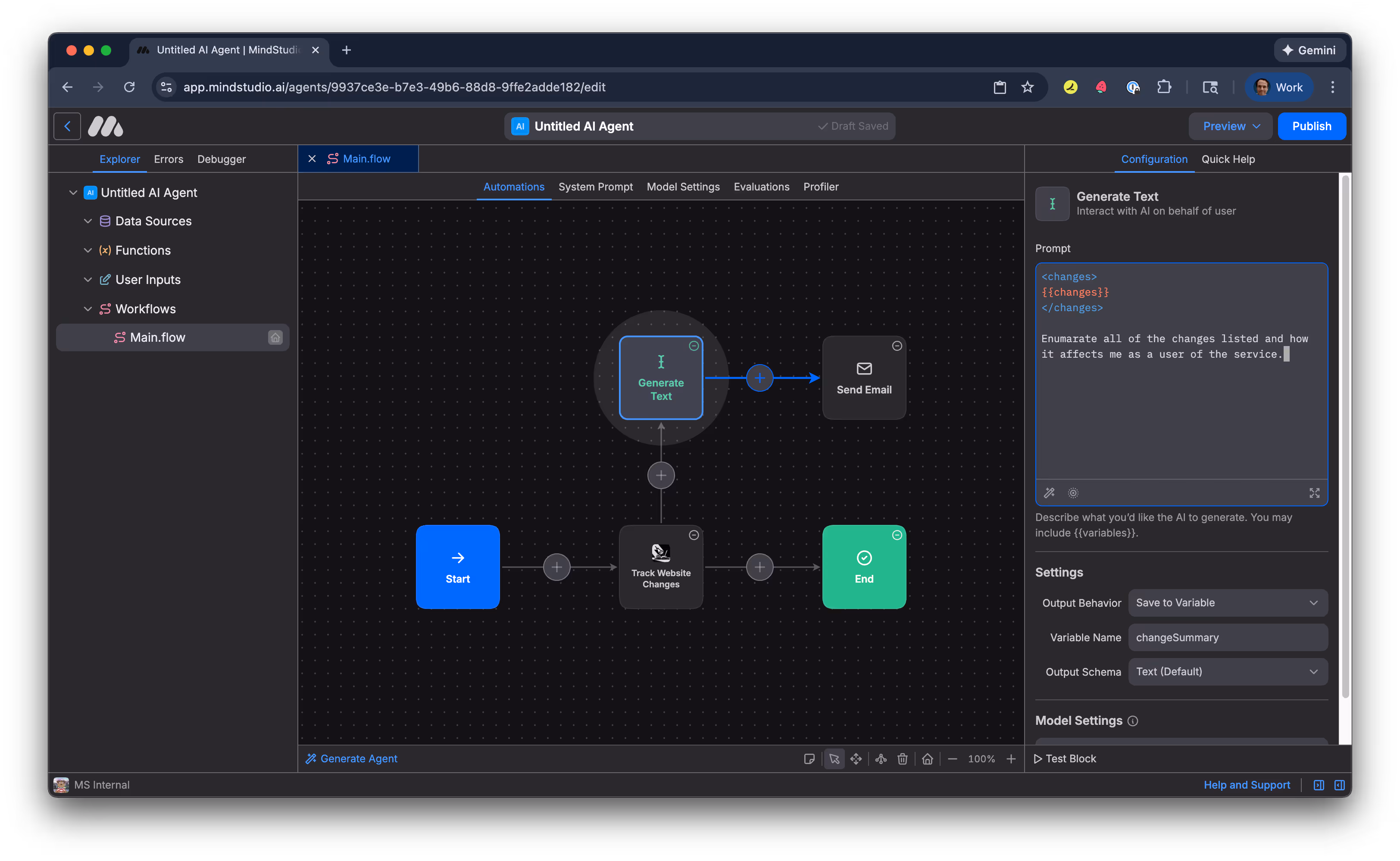 Connect the Generate Text block to the Send Email block in the MindStudio Automation Canvas