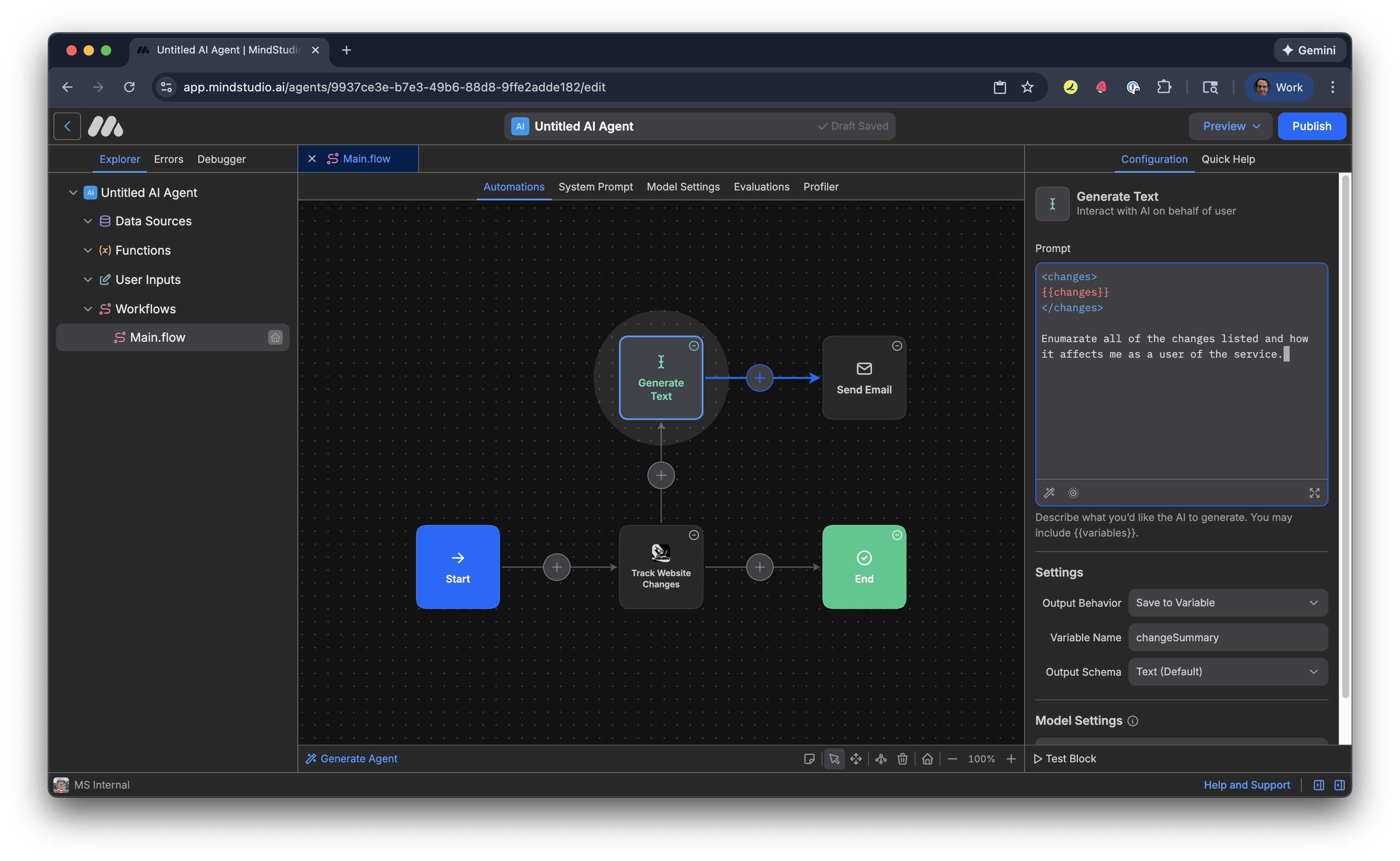 Connect the Generate Text block to the Send Email block in the MindStudio Automation Canvas