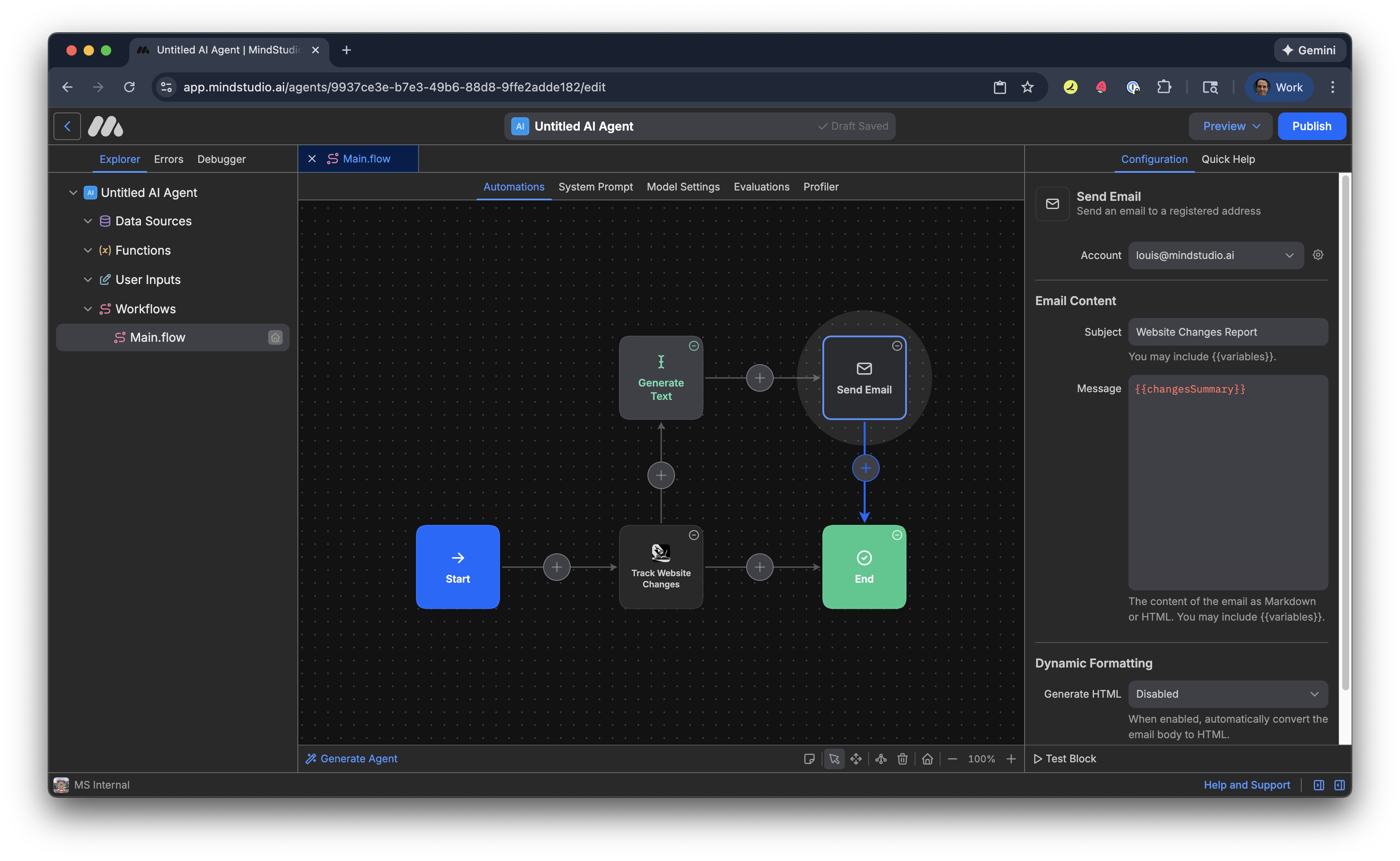 Connect the Send Email block to the End block in the MindStudio Automation Canvas