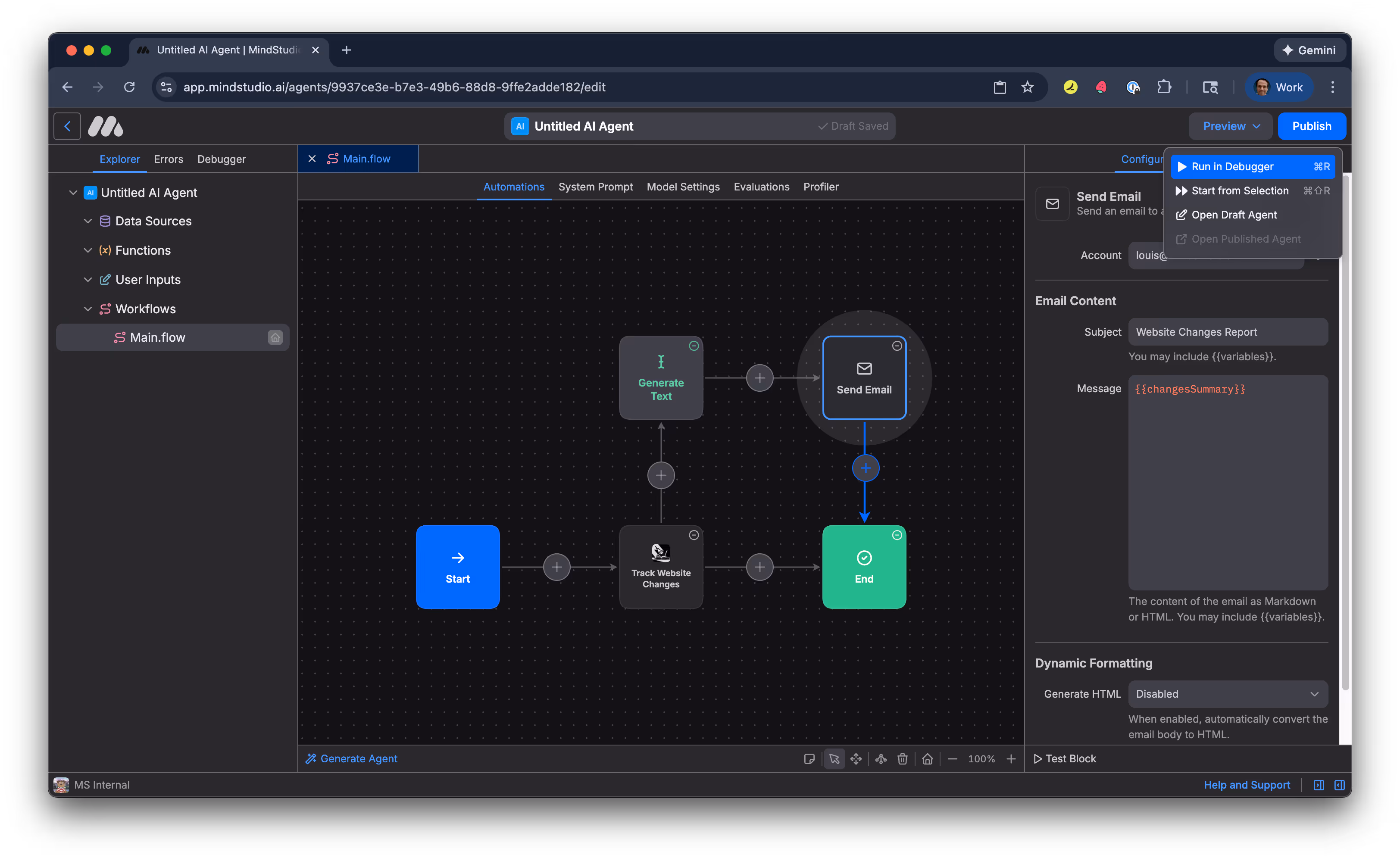 Run the MindStudio AI agent in Debugger