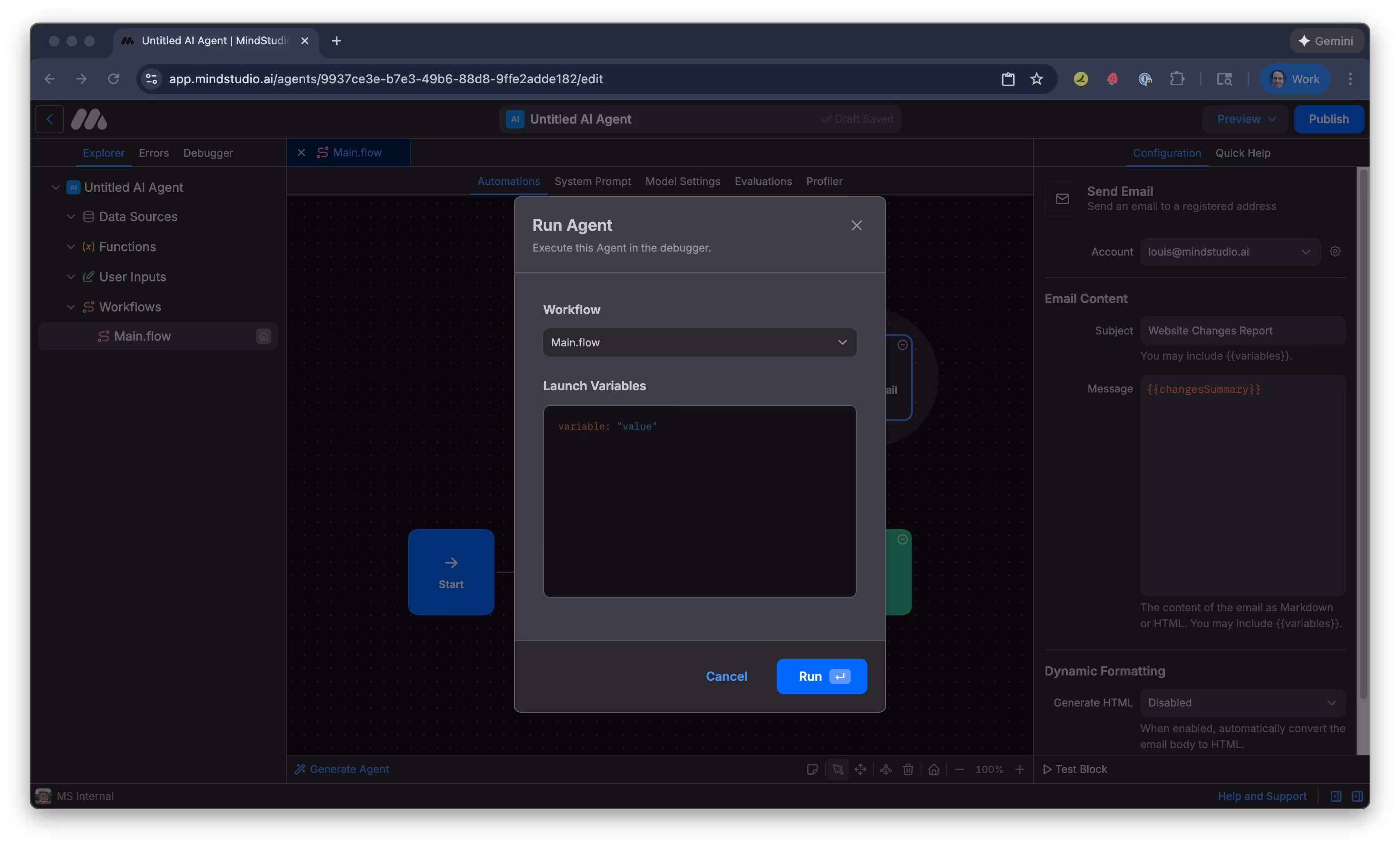 Run Agent modal screen is displayed