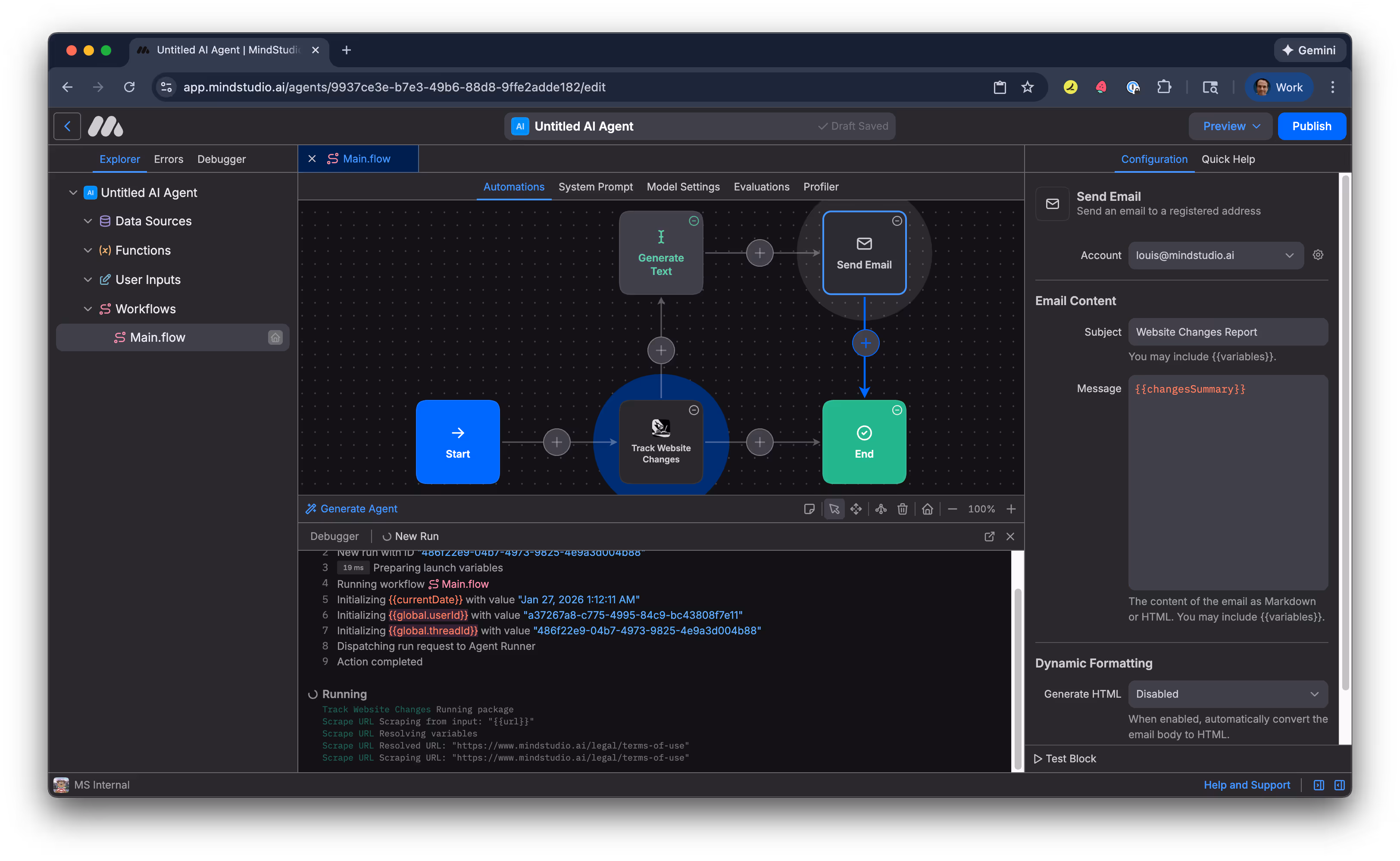 MindStudio AI agent running in Debugger