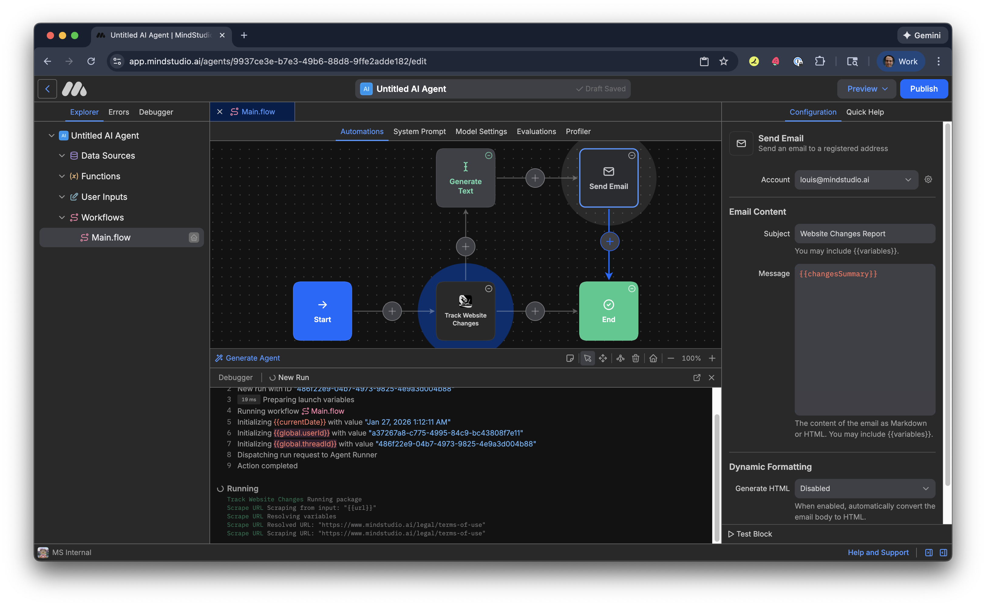 MindStudio AI agent running in Debugger