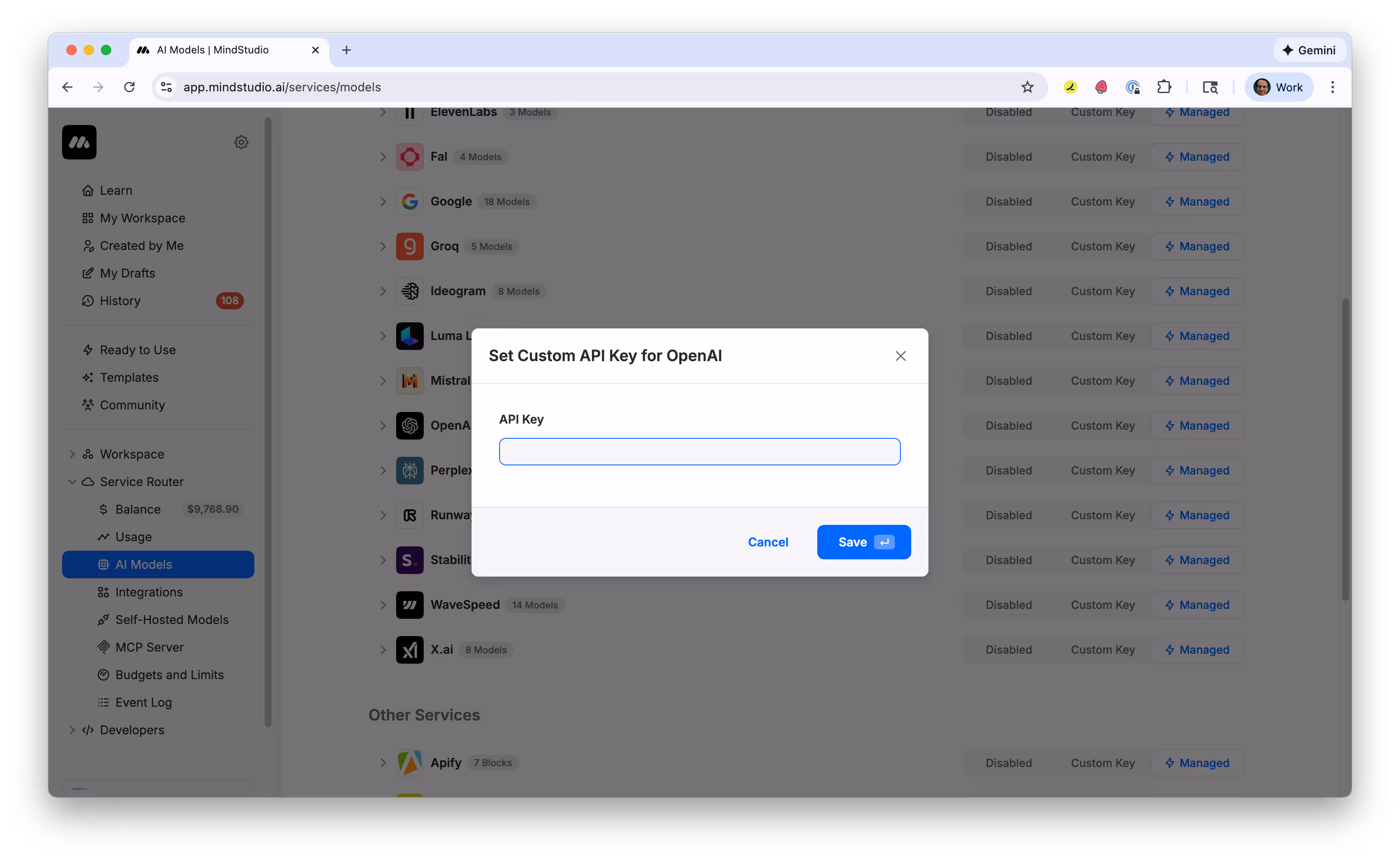 Add your custom AI model key