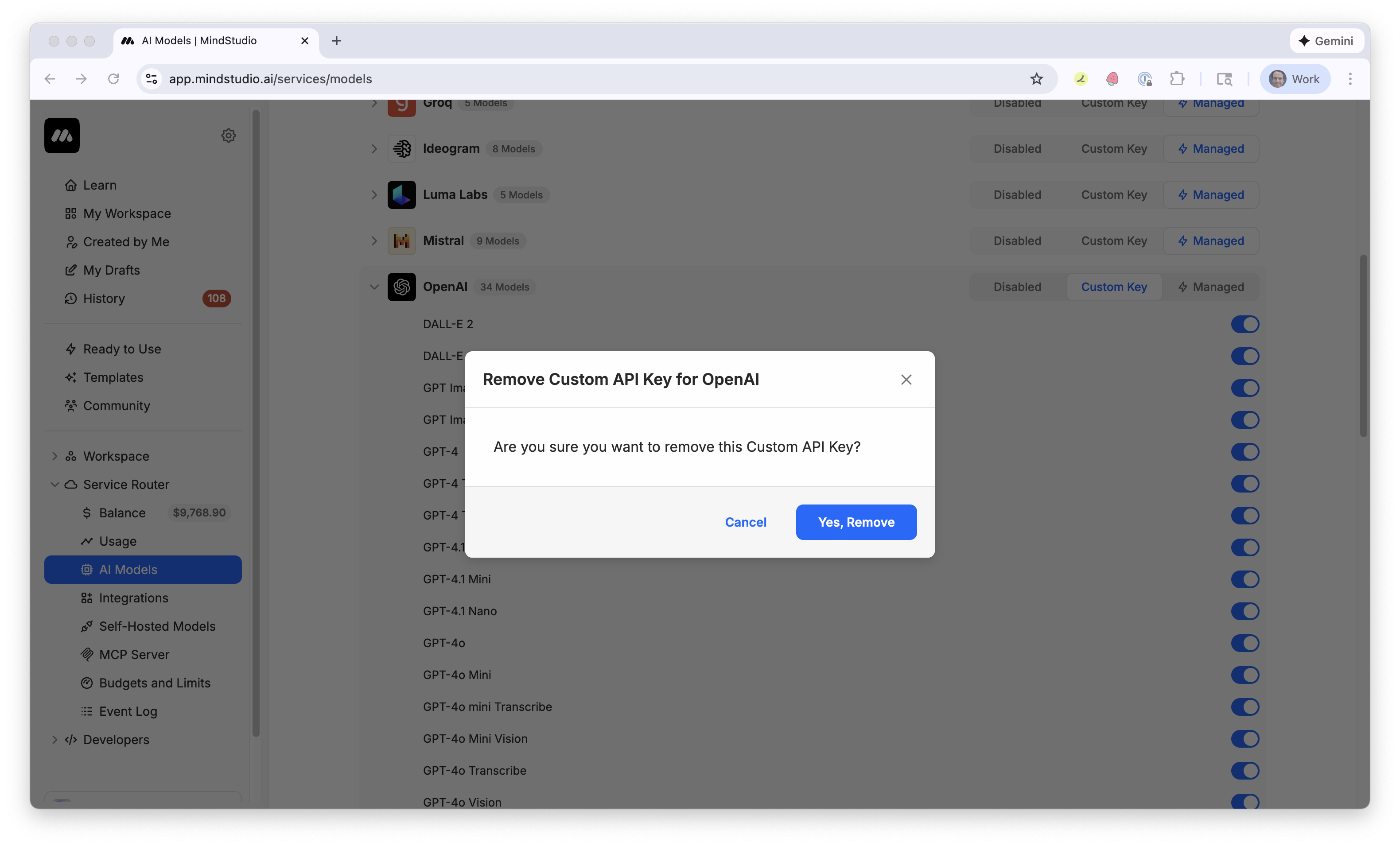 Removing a custom API key from Service Router in MindStudio