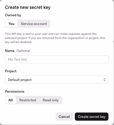 Create new secret key screen on OpenAI Platform