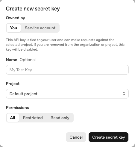 Create new secret key screen on OpenAI Platform