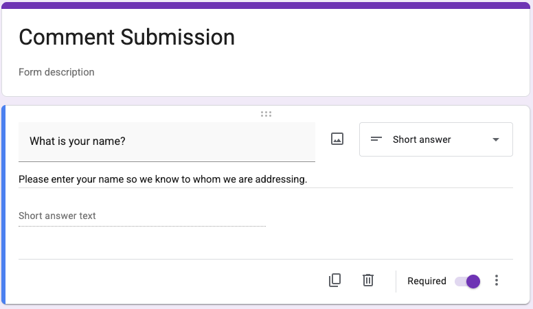 Add a Short answer item for the user's name