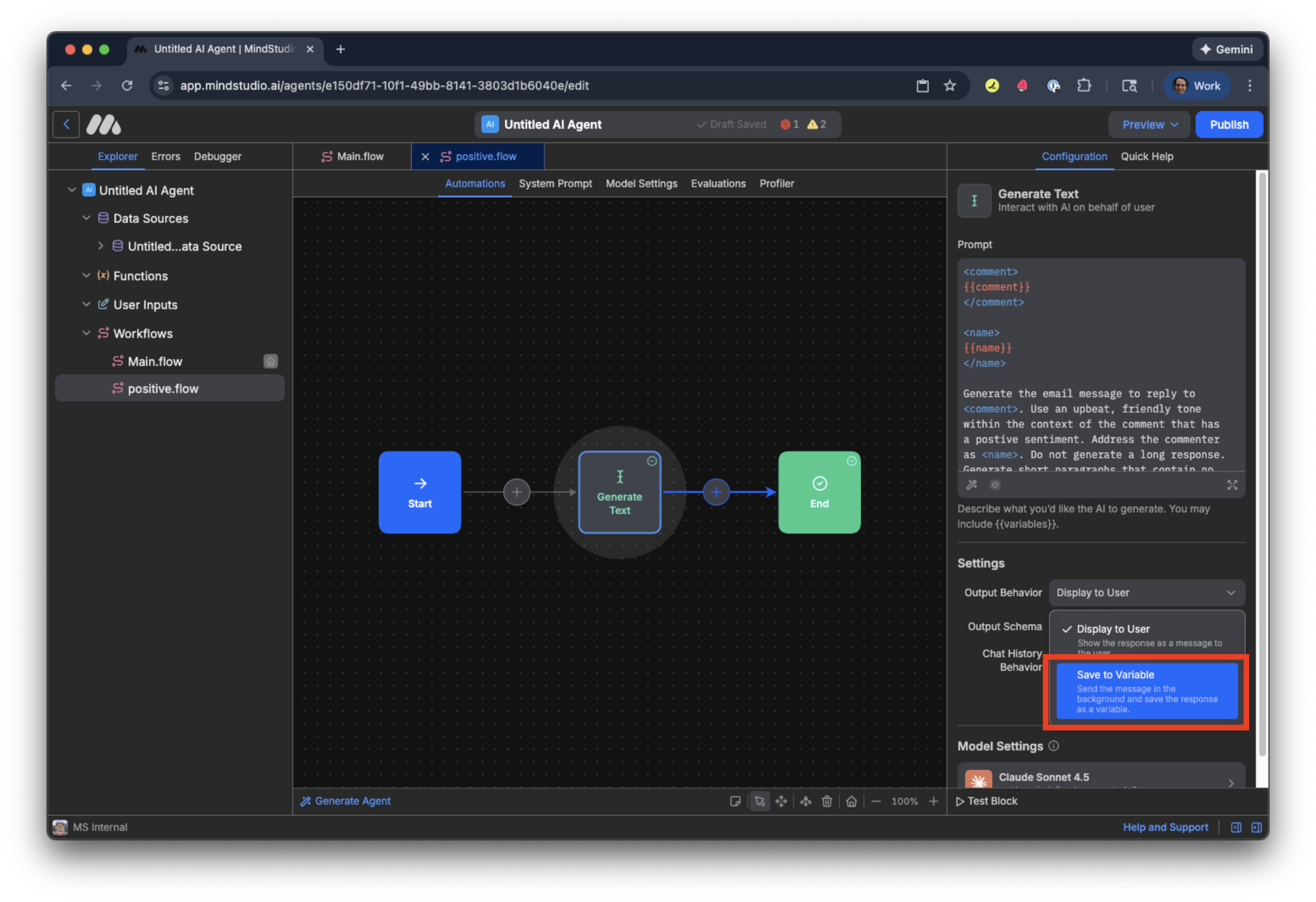 Save the output for the "Generate Text" block to a variable