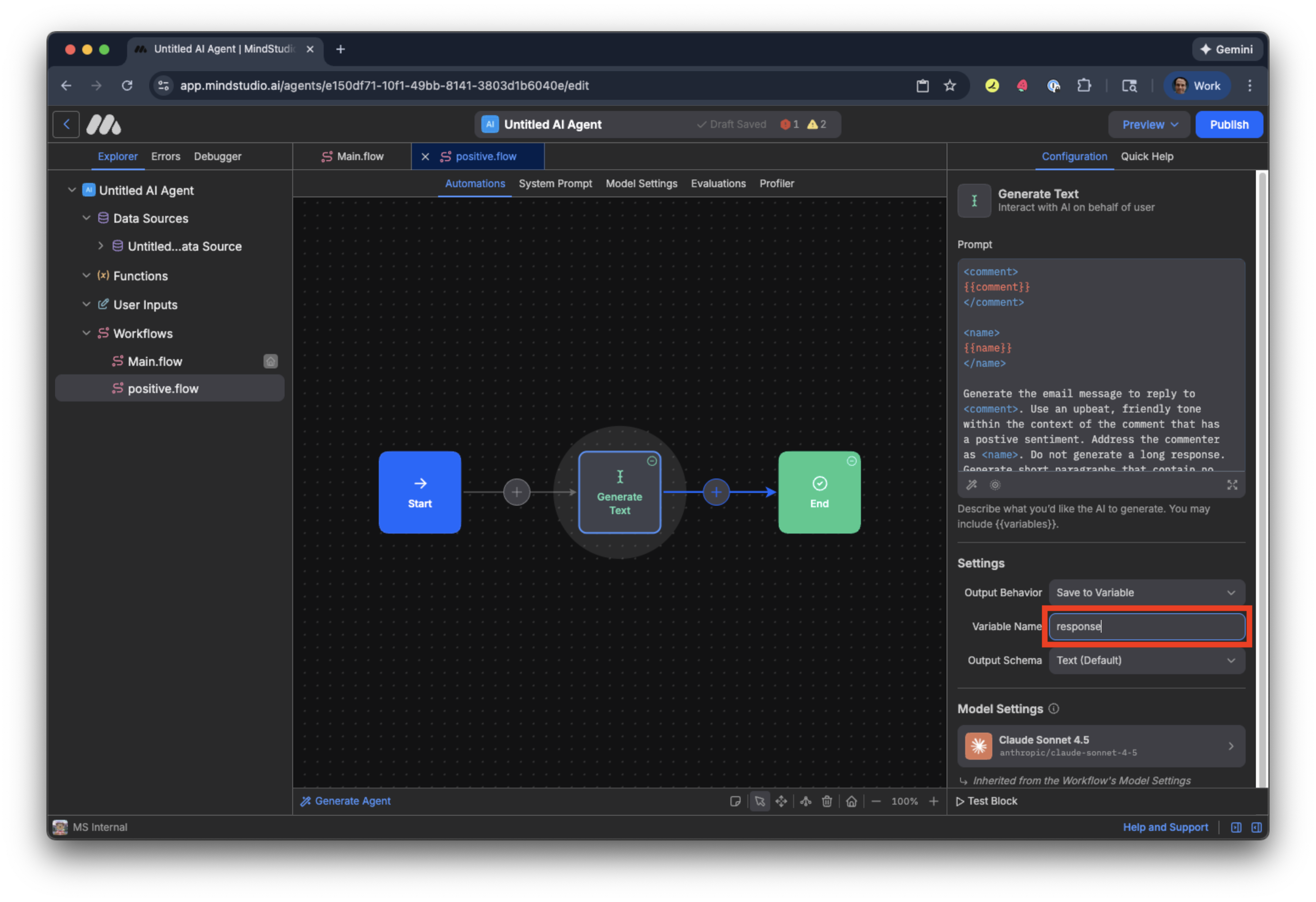 Save the variable output as "response"