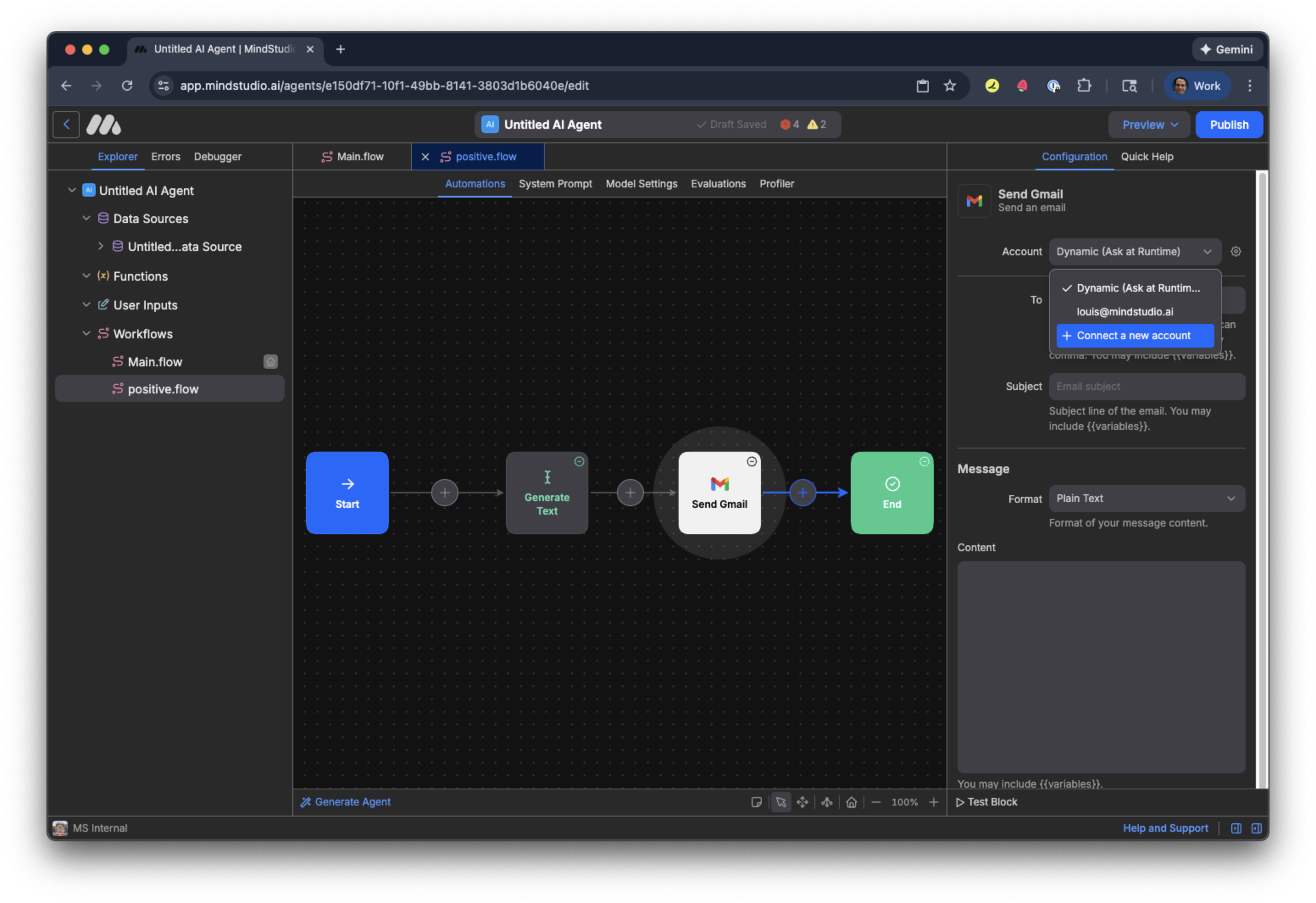 Connect a new account for the "Send Gmail" block