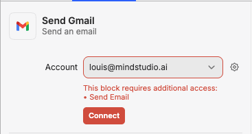 "Send Gmail" block requires "send email" access