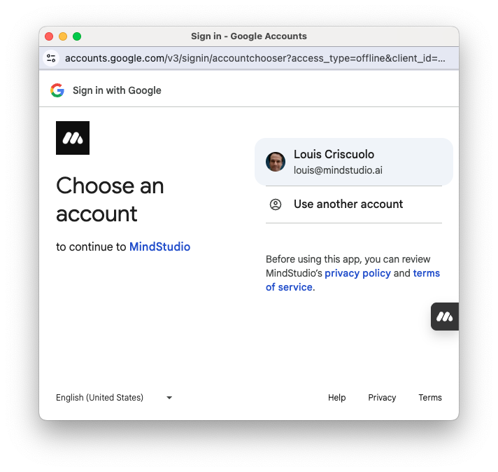 Select your email account to grant access