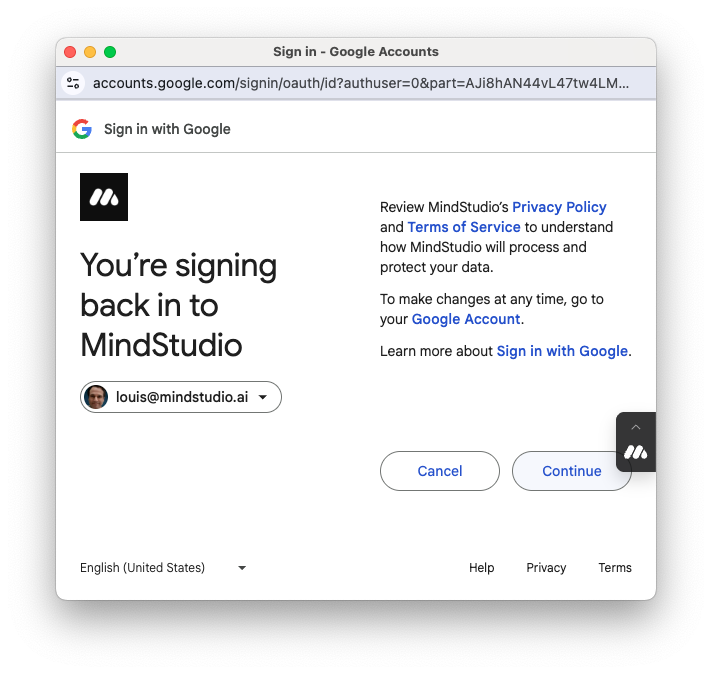Click "Continue" to sign back in to MindStudio