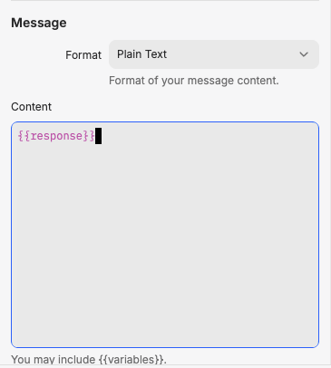 Add {{response}} to the "Content" setting in the "Send Gmail" block