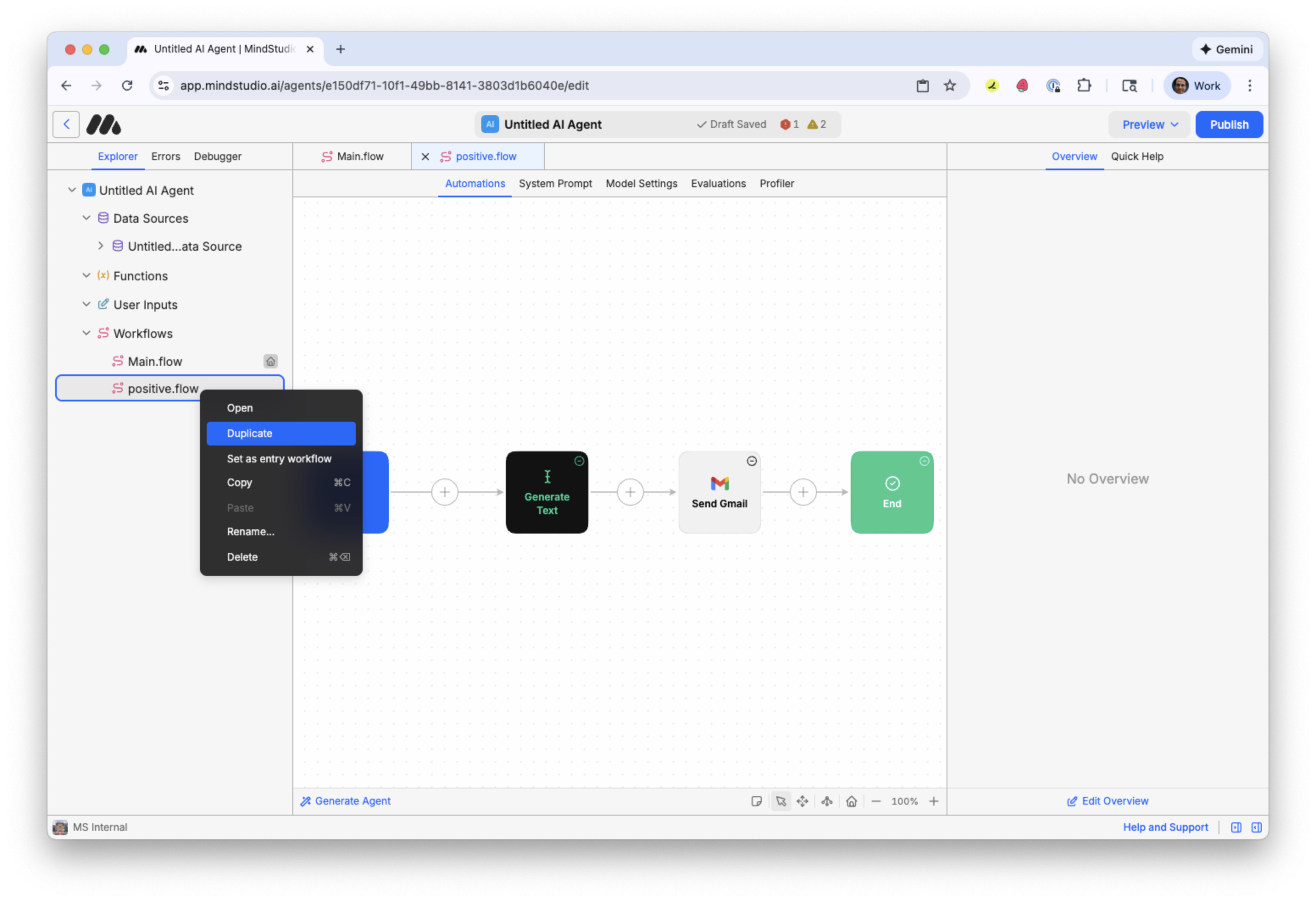Duplicate the positive.flow workflow in MindStudio