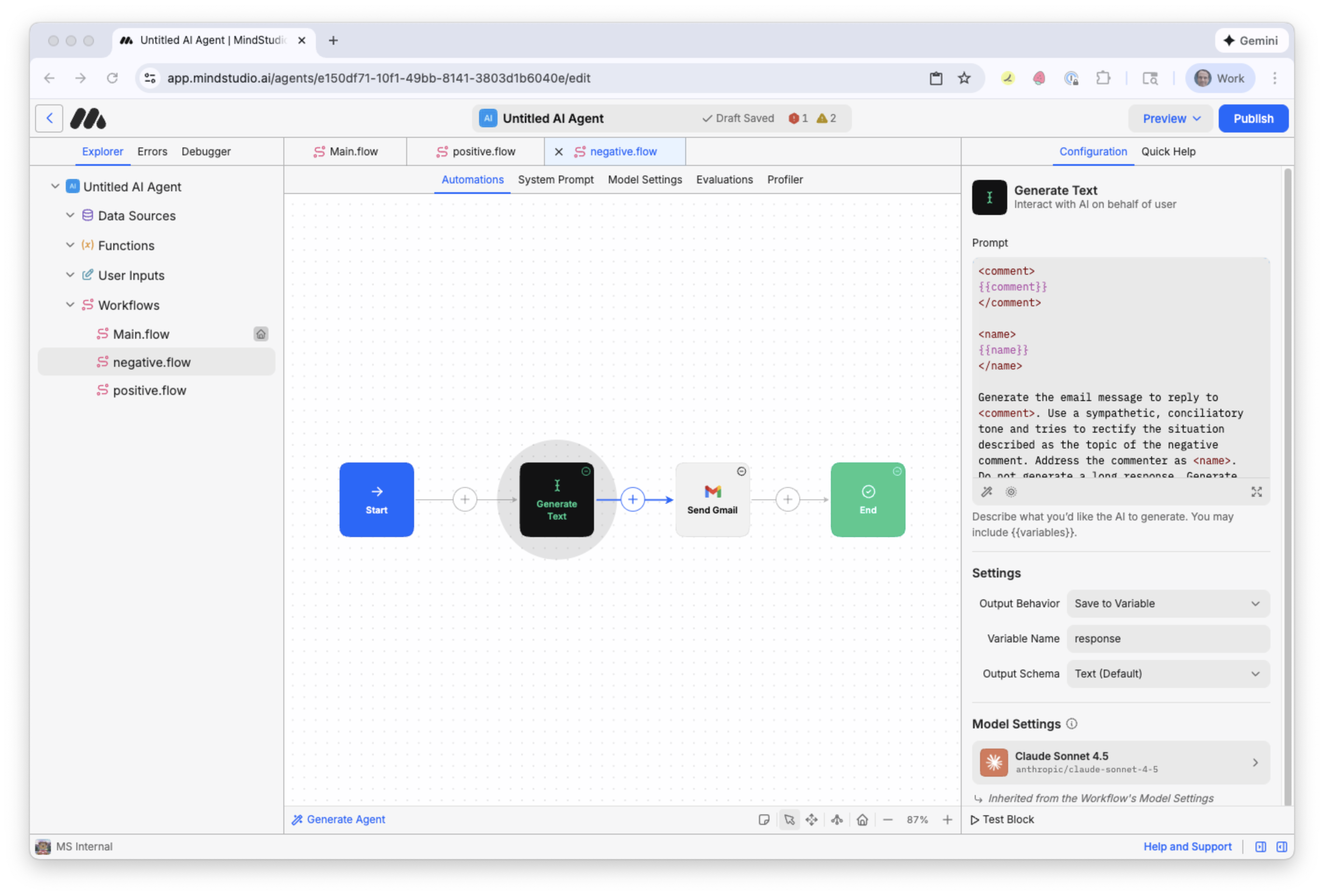 Revise the prompt for the Generate Text block to respond to a negative comment