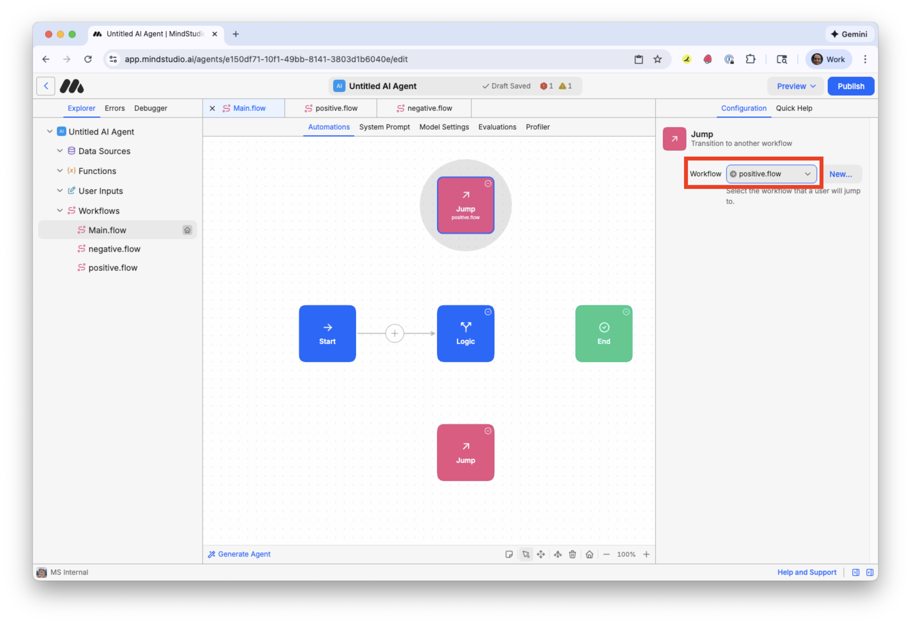 Configure the topmost Jump block to jump to the positive workflow