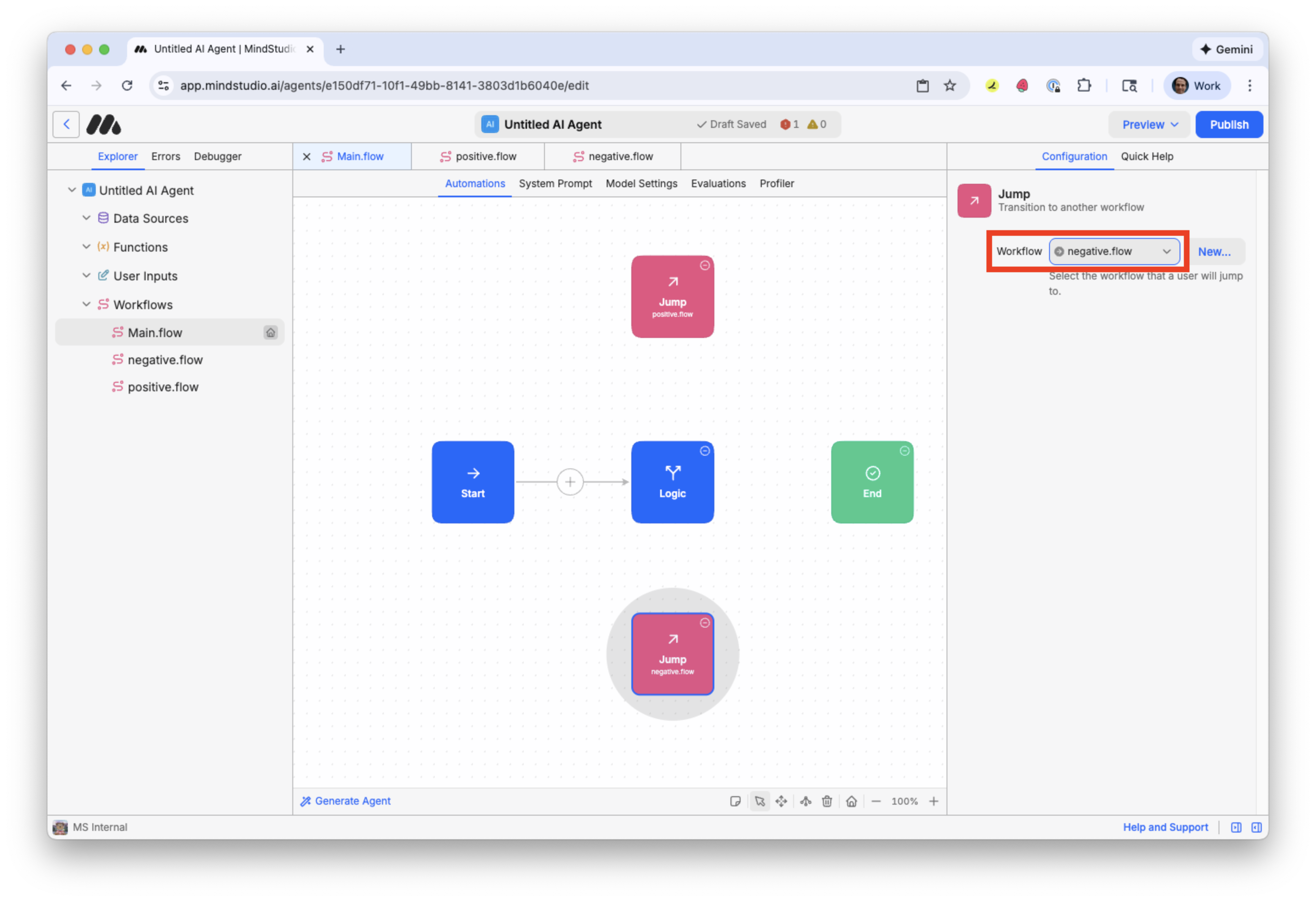 Configure the bottommost Jump block to jump to the negative workflow