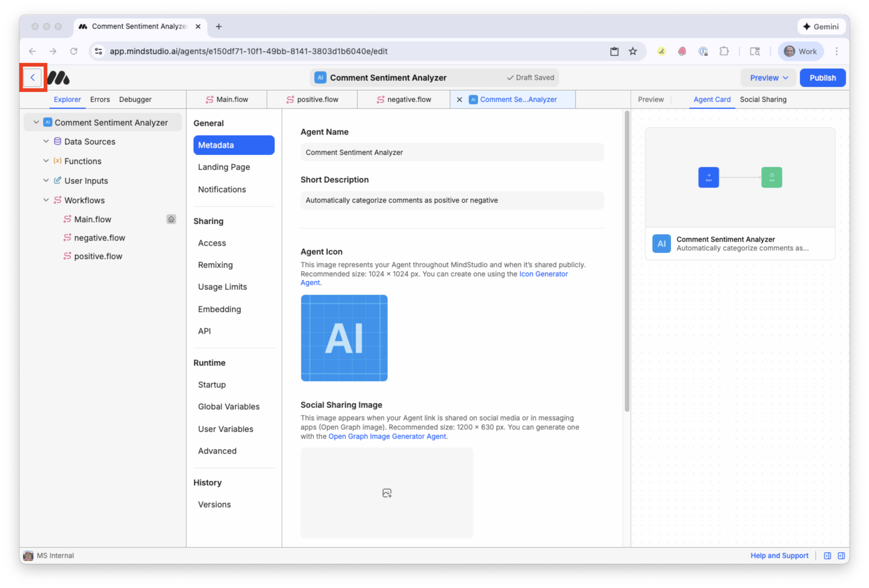 Click the left-pointing arrow beside the MindStudio logo