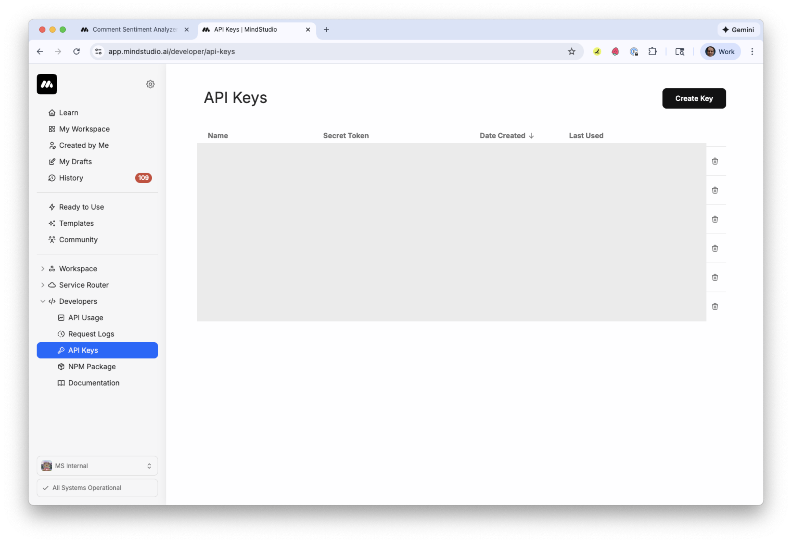 VIew generated API keys in MindStudio